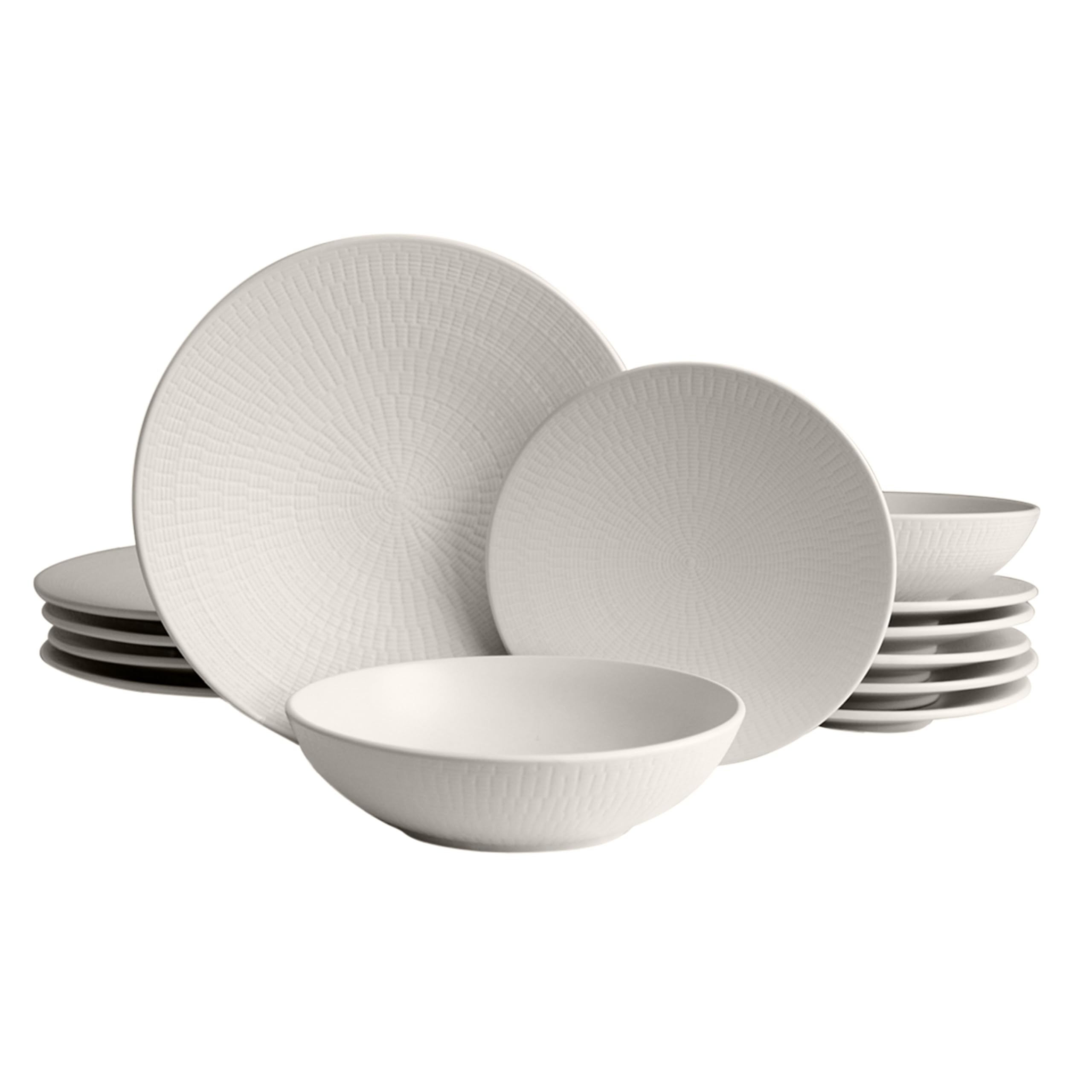 ECHTWERK ECH 18-Piece Vintage Dinner Service "Blanka" Nature Design for 6 People, Stylish Stoneware Structure Tableware Set with 6 x Dinner Plates, 6 x Side Plates, 6 x Soup Plates, Cream