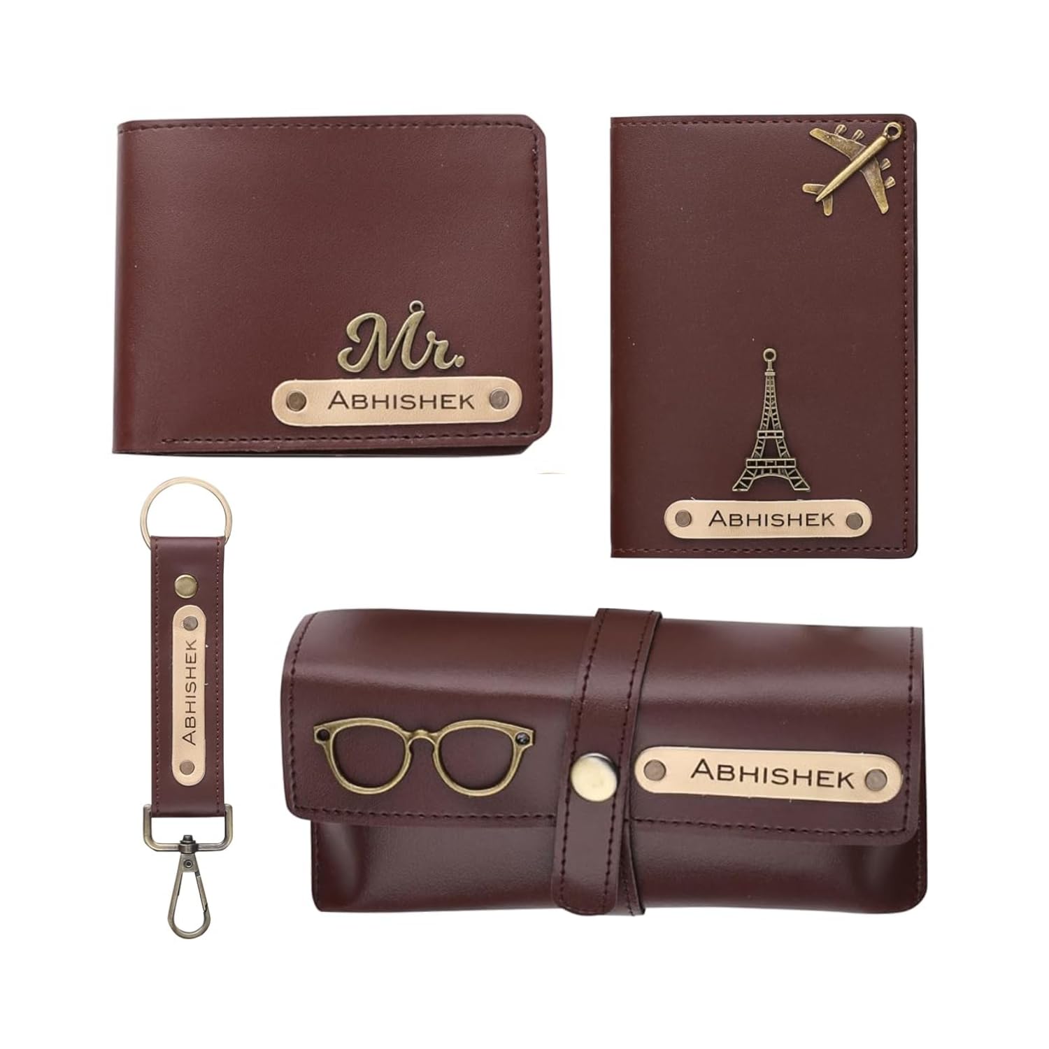 gifting gallery Custom Karigar Men's 4-Piece Leather Gift Set: Wallet, Passport, Keychain, Sunglass Holder - Engraved Nameplate - Dark Brown-picture-42