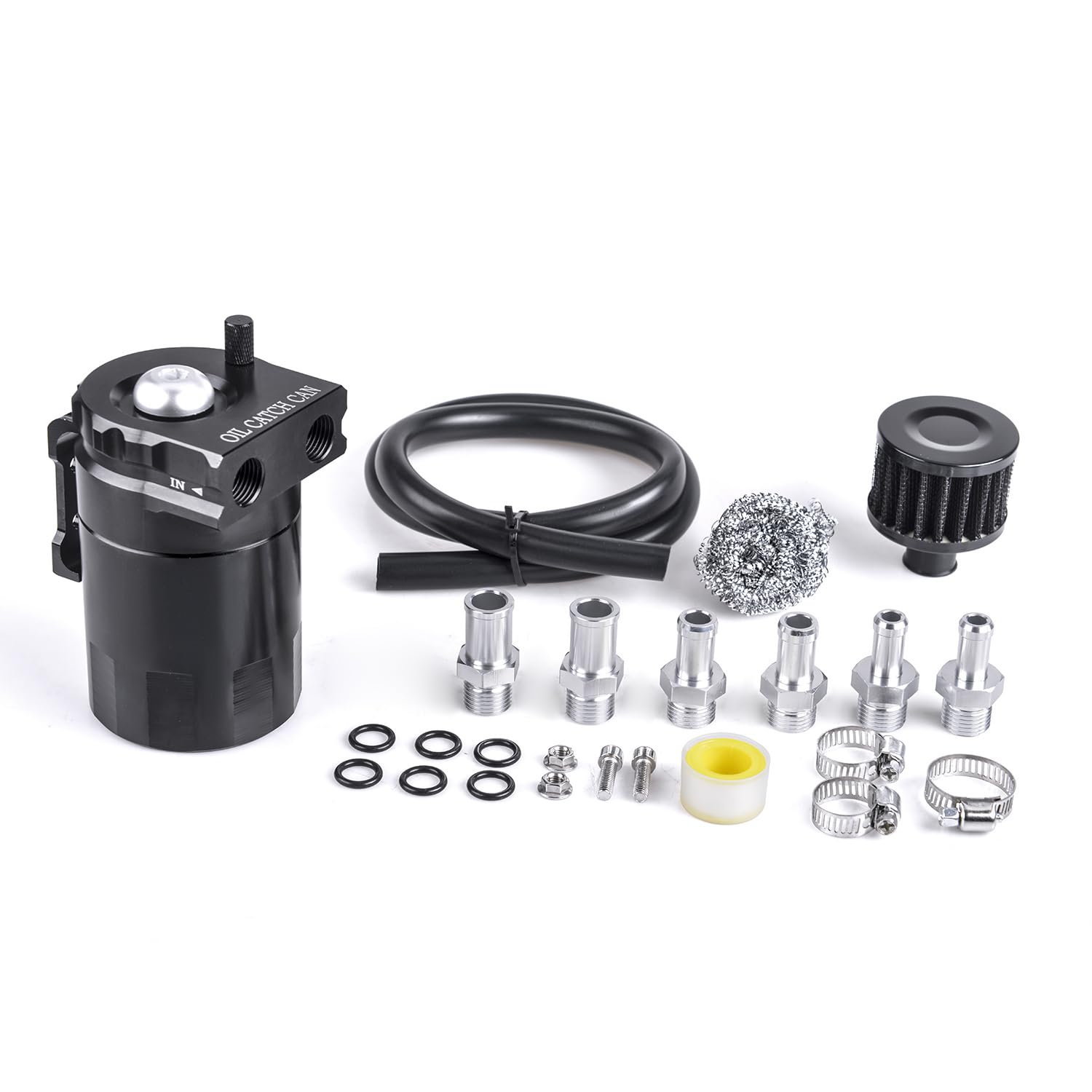 Universal 300ml Aluminum Baffled Oil Separator Catch Can Kit with Air Filter 10MM 12MM 15MM Fitting Black