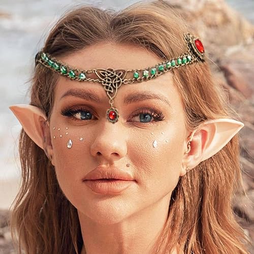 Aukmla Cadena para la cabeza vintage para la frente con orejas de elfo de hada, diamantes de imitación, diadema de fiesta, accesorios para el