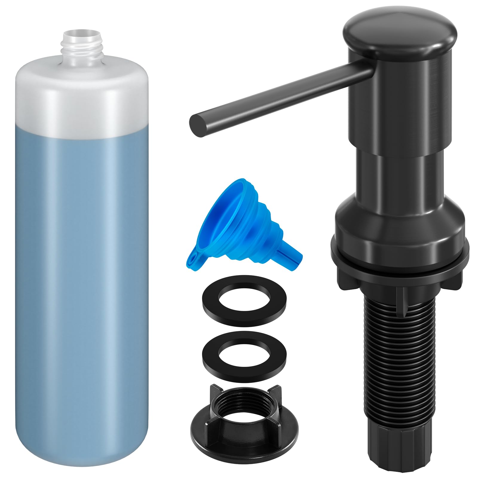 Dish Soap Dispenser, Kitchen Sink Soap Dispenser Pump with 17 OZ Bottle, Refill from The Top, Wide Pump Head Base (Black)