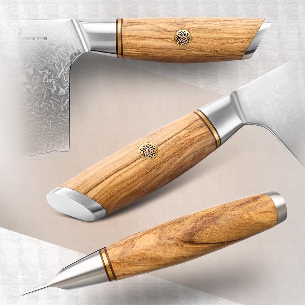 XINZUO Cleaver Knife 7.5 Inch, 73 Layer Damascus Steel Powder Steel Core Chinese Chef's Knife, Multifunction Vegetable Meat Slicing Knife with Olive Wood Handle -Lan Series — Amazon image 2