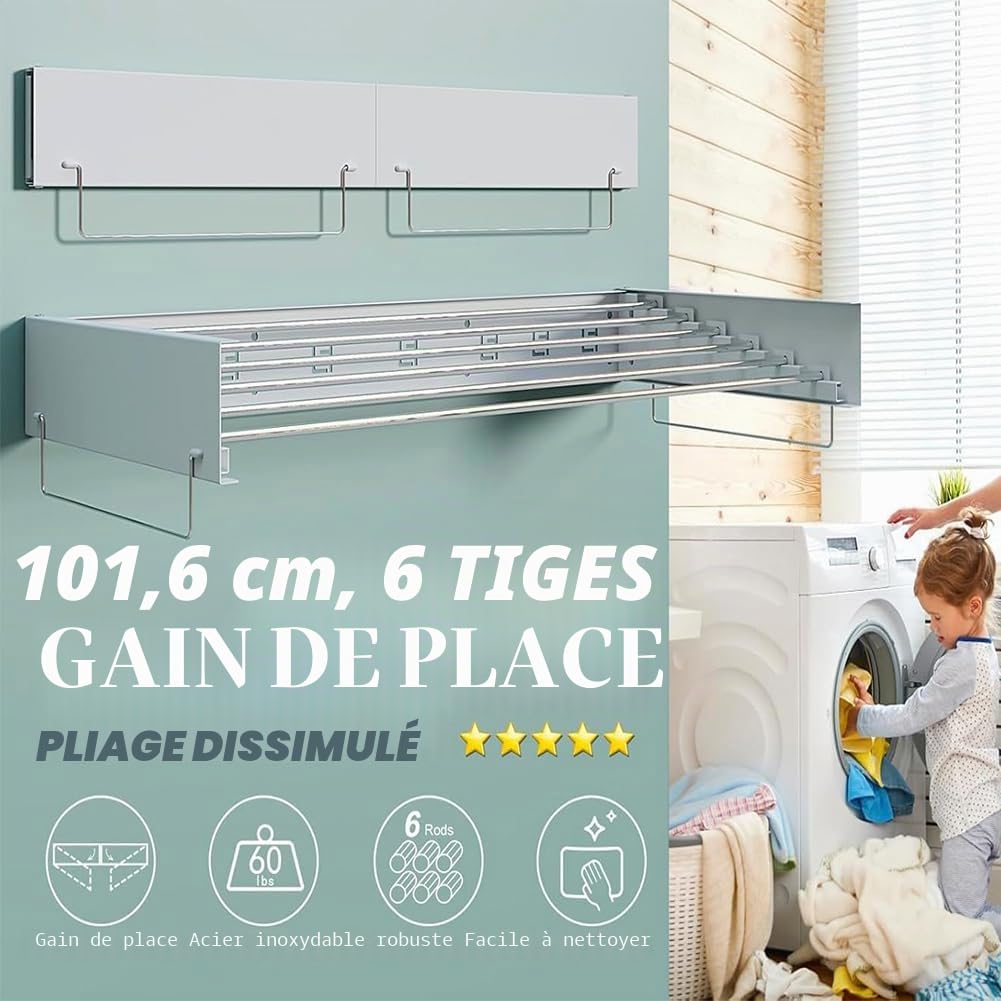Étendoir mural extensible pliable portée 30 kg extensible 100 cm peu encombrant, design compact mince, blanc