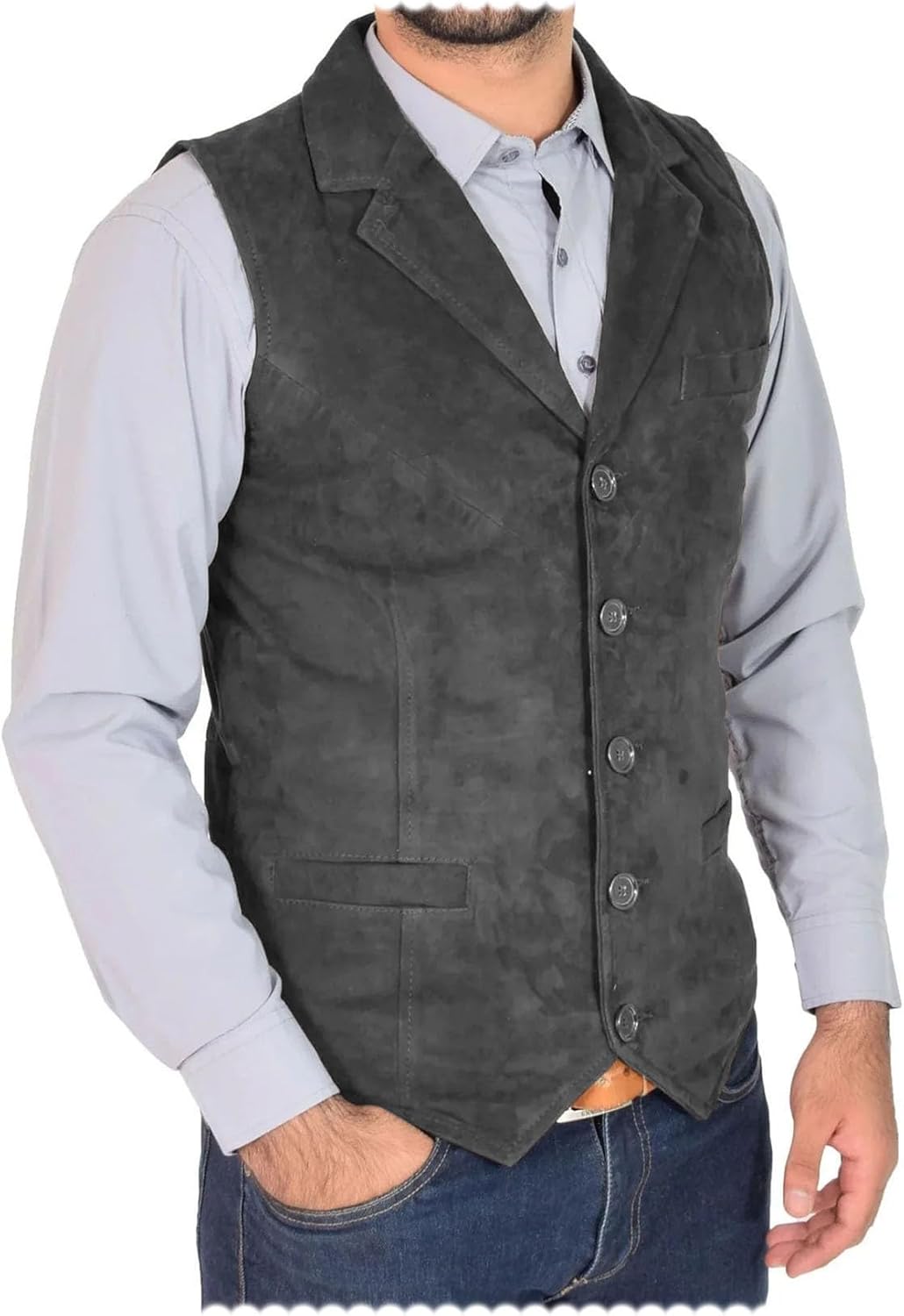 Mens Suede Leather Suit Vest Vintage Classic Lapel 5 buttons Waistcoat