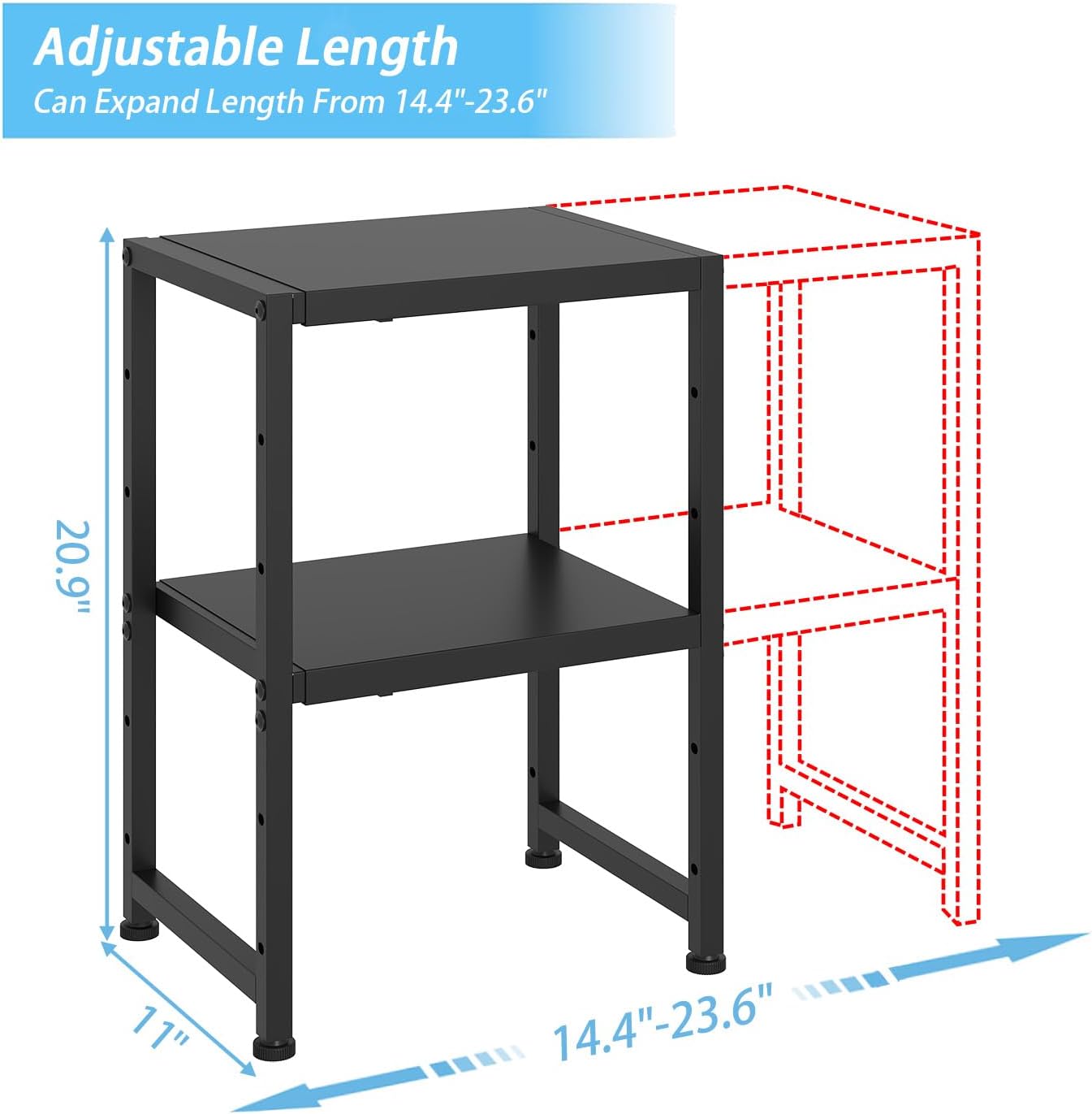 2-tier expandable metal storage shelves,150lbs heavy duty shelving units and storage for small appliance,adjustable pots and pans organizer rack shelf for kitchen under cabinet pantry warehouse garage 2 tier?11.02"d x 23.62"w x 20.87"h black