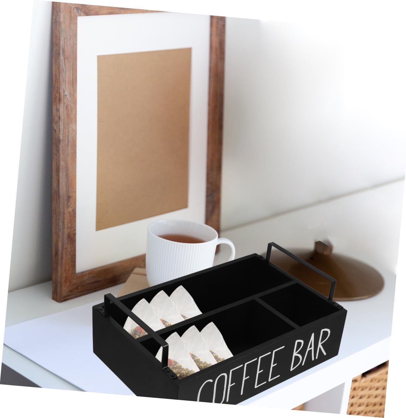 Wooden Tea Bag Organizer Box Multi Compartment Storage for Tea Bags Sugar Packets Items Stylish Countertop Accessory for Efficient Organization