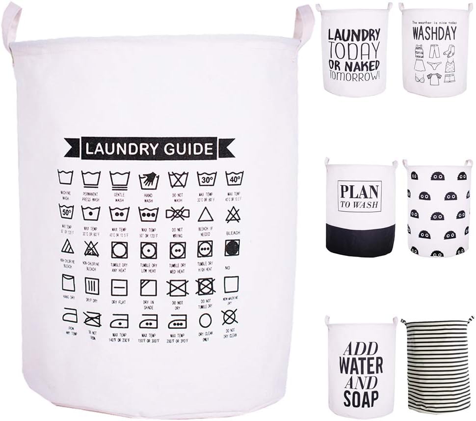 CAM2 Laundry Baskets 22"×16" Collapsible Waterproof Cotton Linen Foldable Laundry Hampers Storage Bin Organizer Baskets with Handles for Bedroom, Clothes, Toy, Baby Nursery (Laundry Guide)