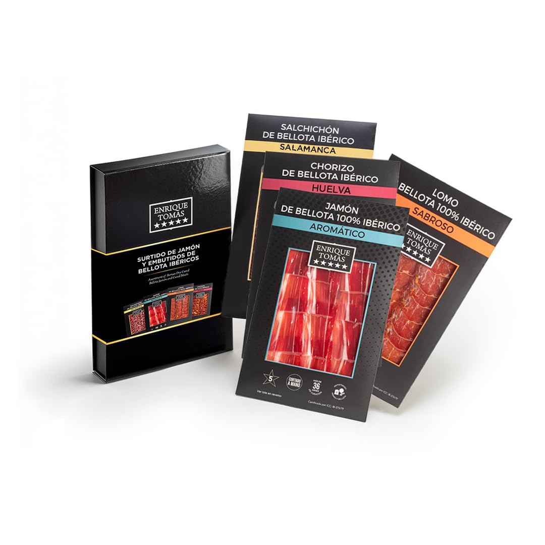 ENRIQUE TOMAS Caja Recomendada Premium Surtido de jamón y embutidos de bellota ibéricos Jamón 100% Salchichón Chorizo Lomo 100% de bellota