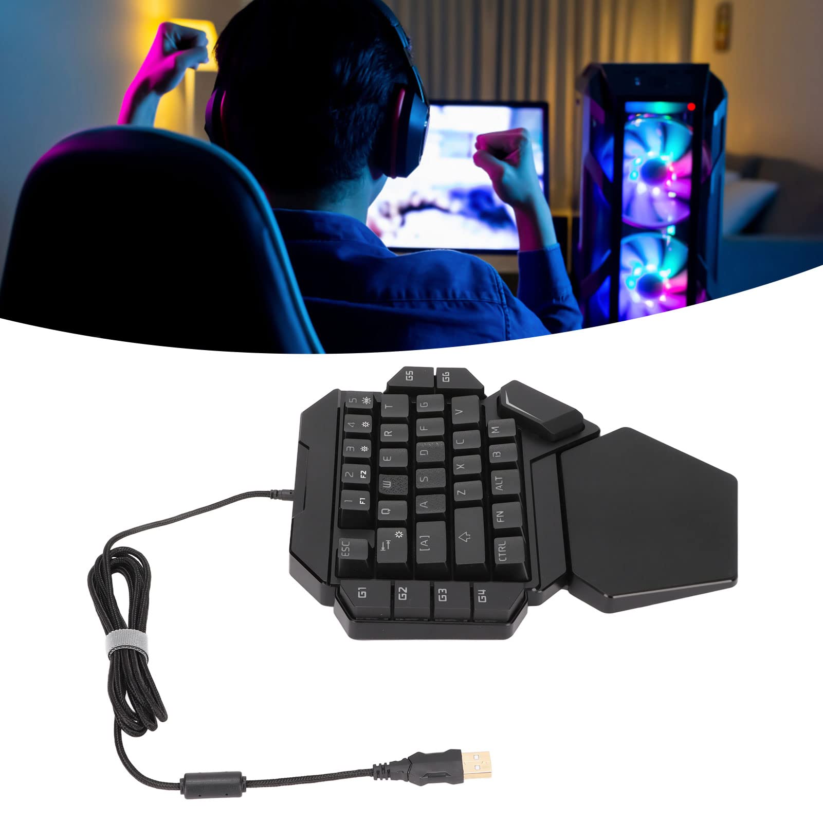 Tastiera con Una Sola Mano, 6 Tasti Multimediali Programmabili, con Supporto per Poggiapolsi, Retroilluminazione RGB, Design Ergonomico, Mini Tastiera da Gioco Portatile a 35 Tasti per PC Gamer
