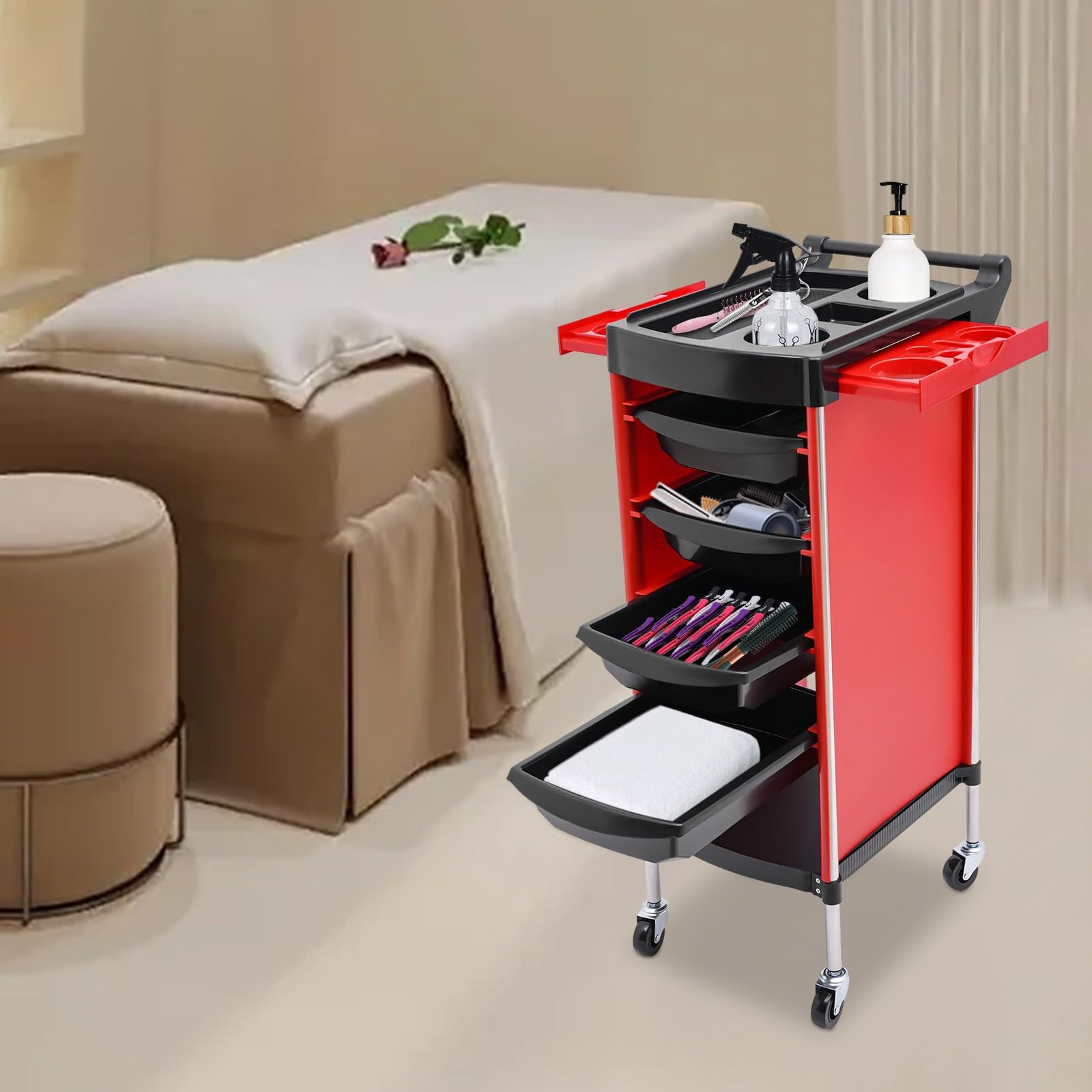 6 Etagen Friseurwagen mit 4 Schubladen und Räder, Bedienungswagen, Friseur Arbeitswagen Drehbar, Beauty Salon Trolley, Friseur Zubehör, Einziehbare Ablagen, 36 x 37 x 85cm (Rot)