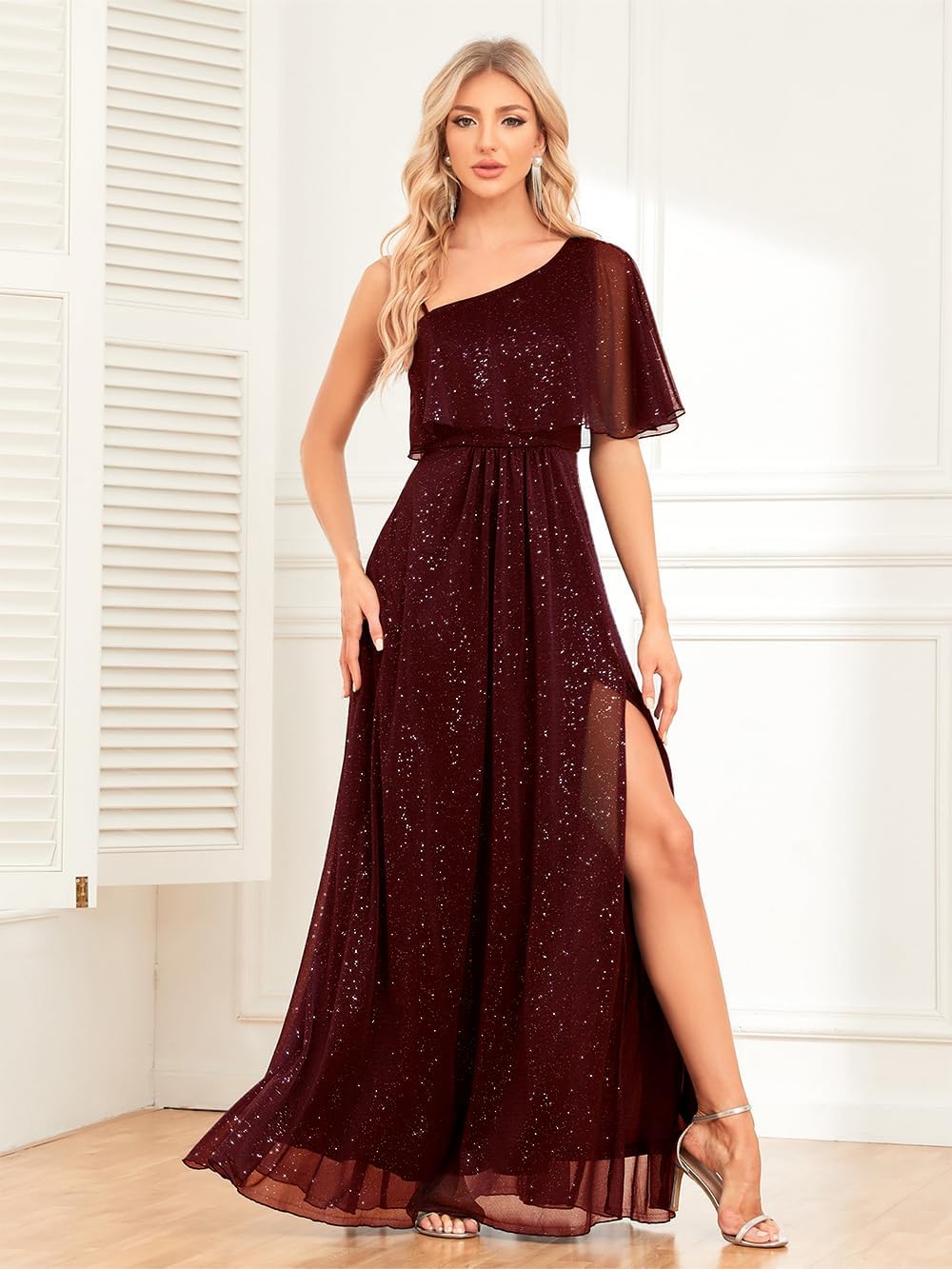 One Shoulder Formal Dresses for Women Long Sparkly A Line Split Evening Gowns Wedding Guest Dress - Image 6