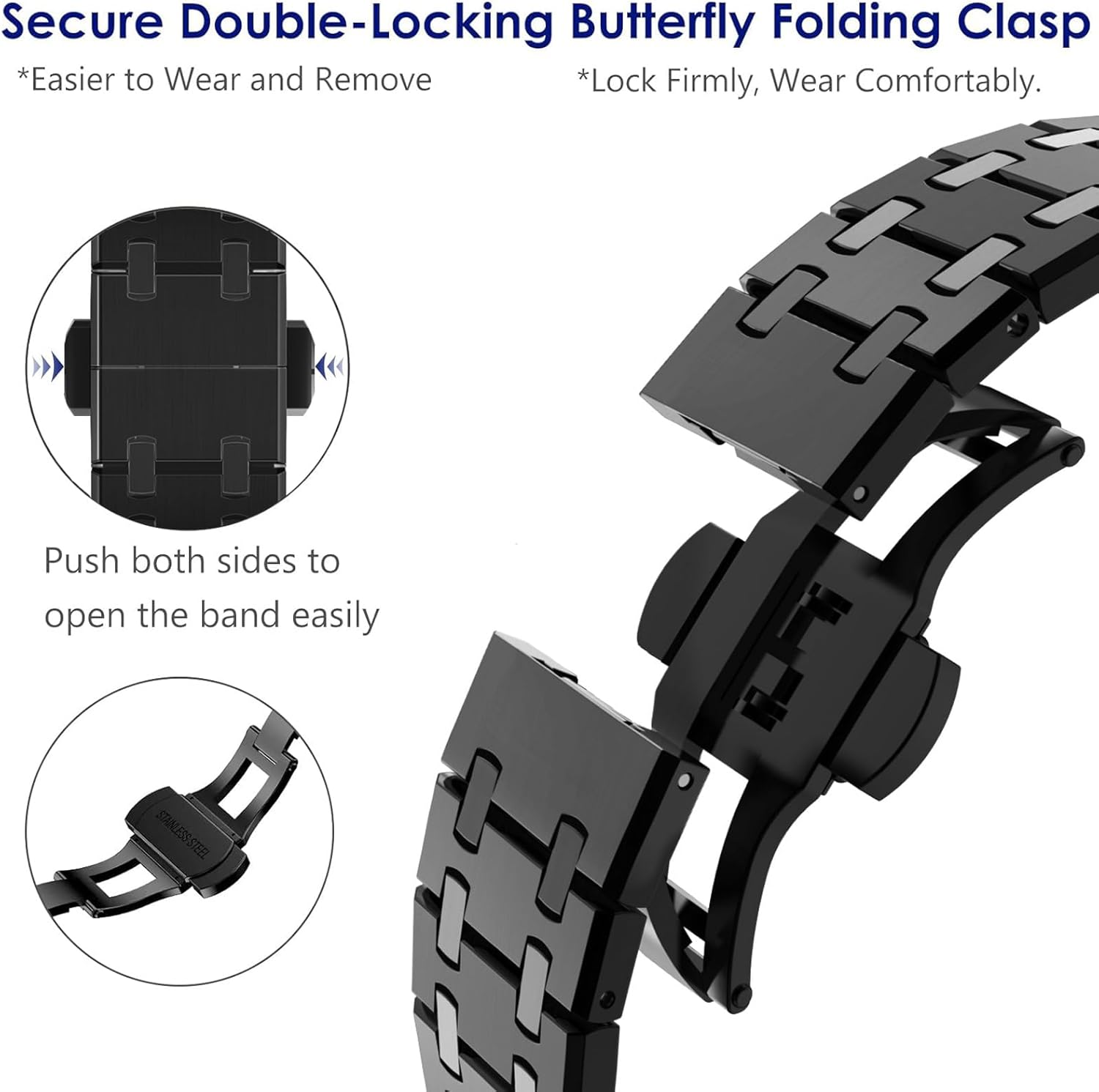 WINGLE Compatible for Apple Watch Band Ultra 3/2/1 Band 49mm Series 11 10 46mm 45mm 44mm 42mm SE 3/2/1 Series 9 8 7 6 5 4 3 2 1 Men, Stainless Steel Classy Casual Business Metal iWatch Bands, Black - Image 3