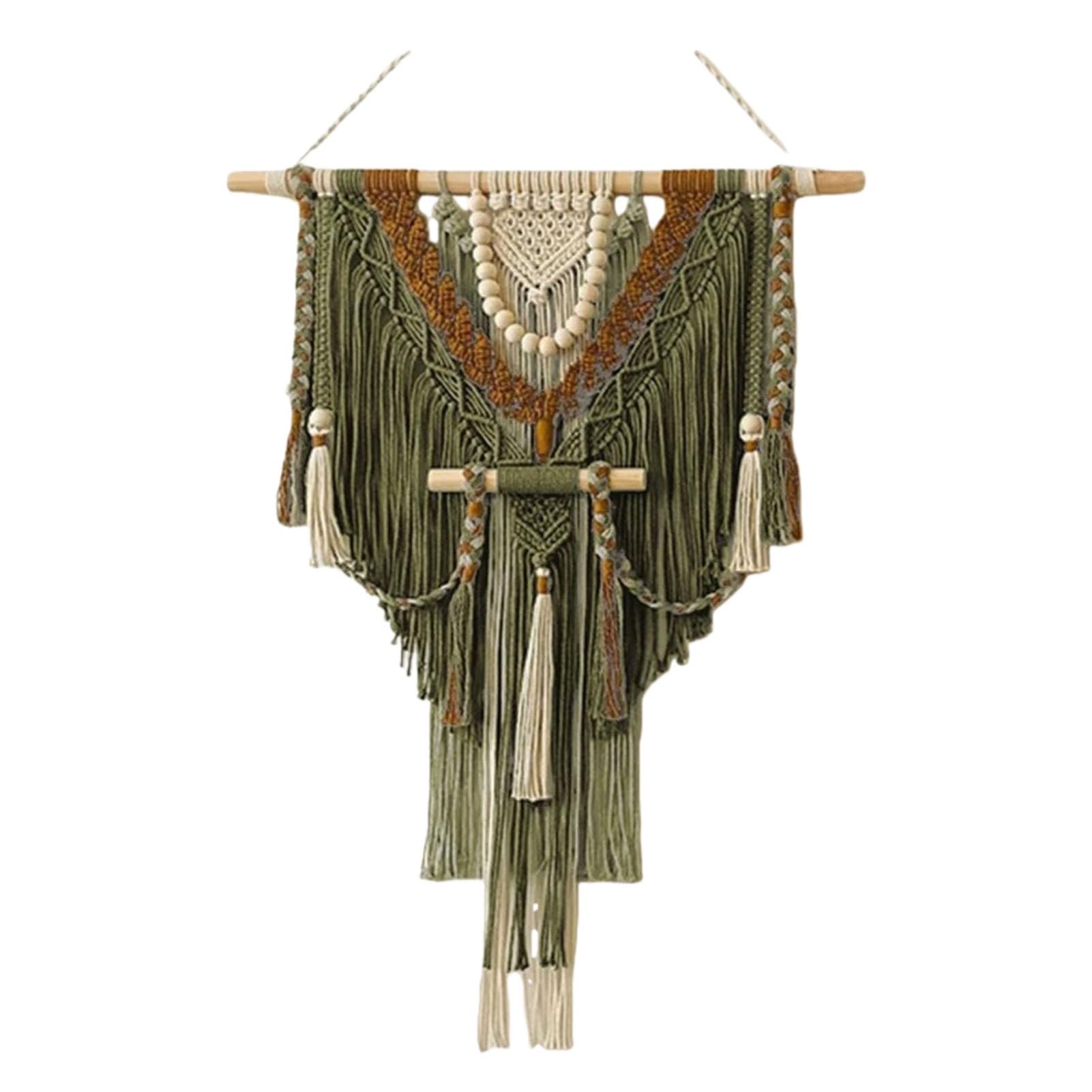 Tapices Macramé Tapiz de pared bohemio de macramé - Tapiz verde tejido con cuentas de madera y borlas | Decoración para dormitorio/sala de estar