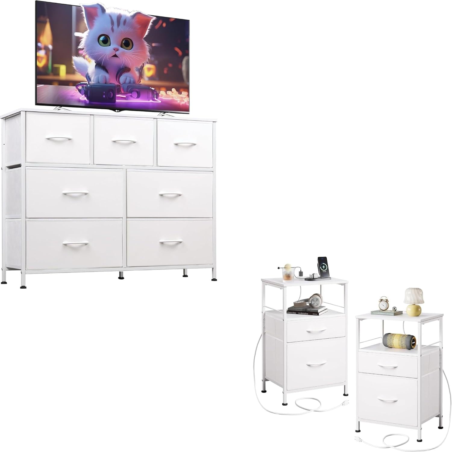 WLIVE 7 Drawer Dresser & Night Stand Sets 2, Dressers for Bedroom, Fabric Storage Tower, Hallway, Entryway, Closets, Sturdy Steel Frame, Wood Top, Easy Pull Handle, White