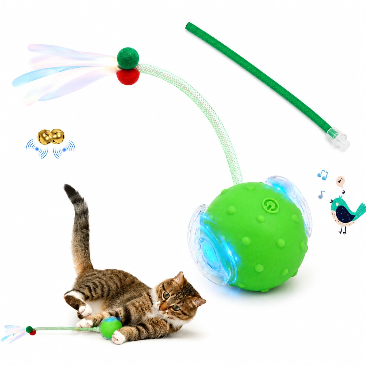 UKONWIT Interactive Cat Toys Ball for Indoor Cats, Automatic Moving Cats Toy with Elastic Mesh Bell Tail, Rechargeable Cat Ball for Bored Indoor Adult Cats, Energetic-cat, Green