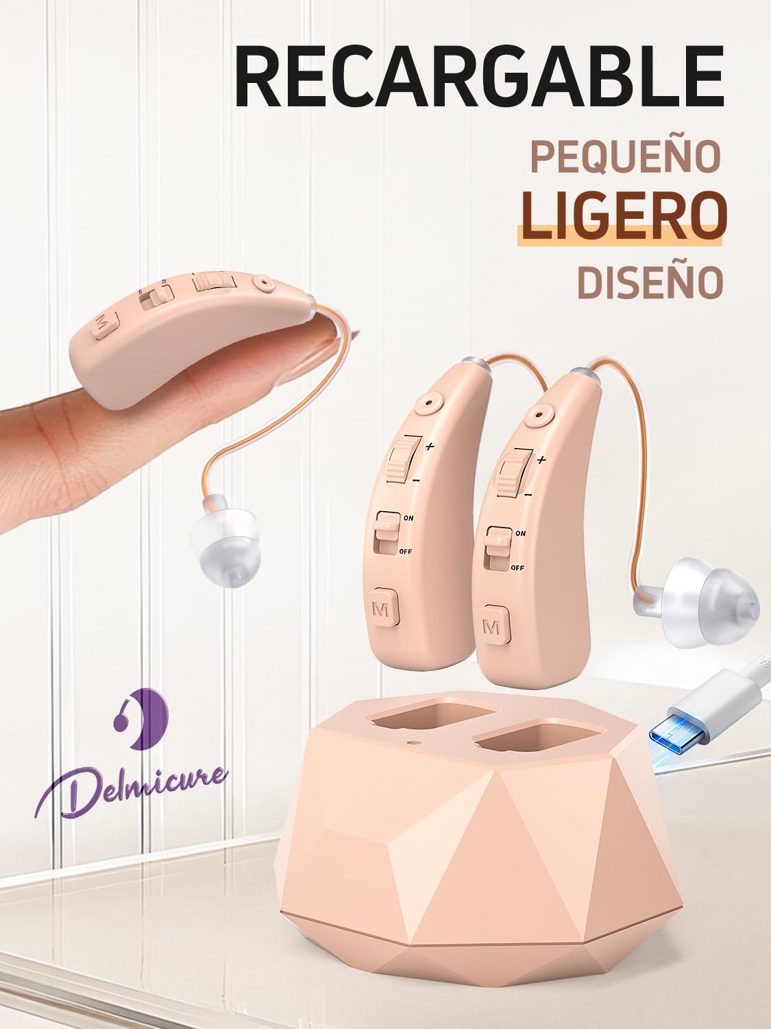 Dispositivo de audio recargable con cancelación de ruido, volumen ajustable, chip inteligente y estación de carga, discreto en el oído,Amplificadores de sonido para personas mayores (2, Beige)