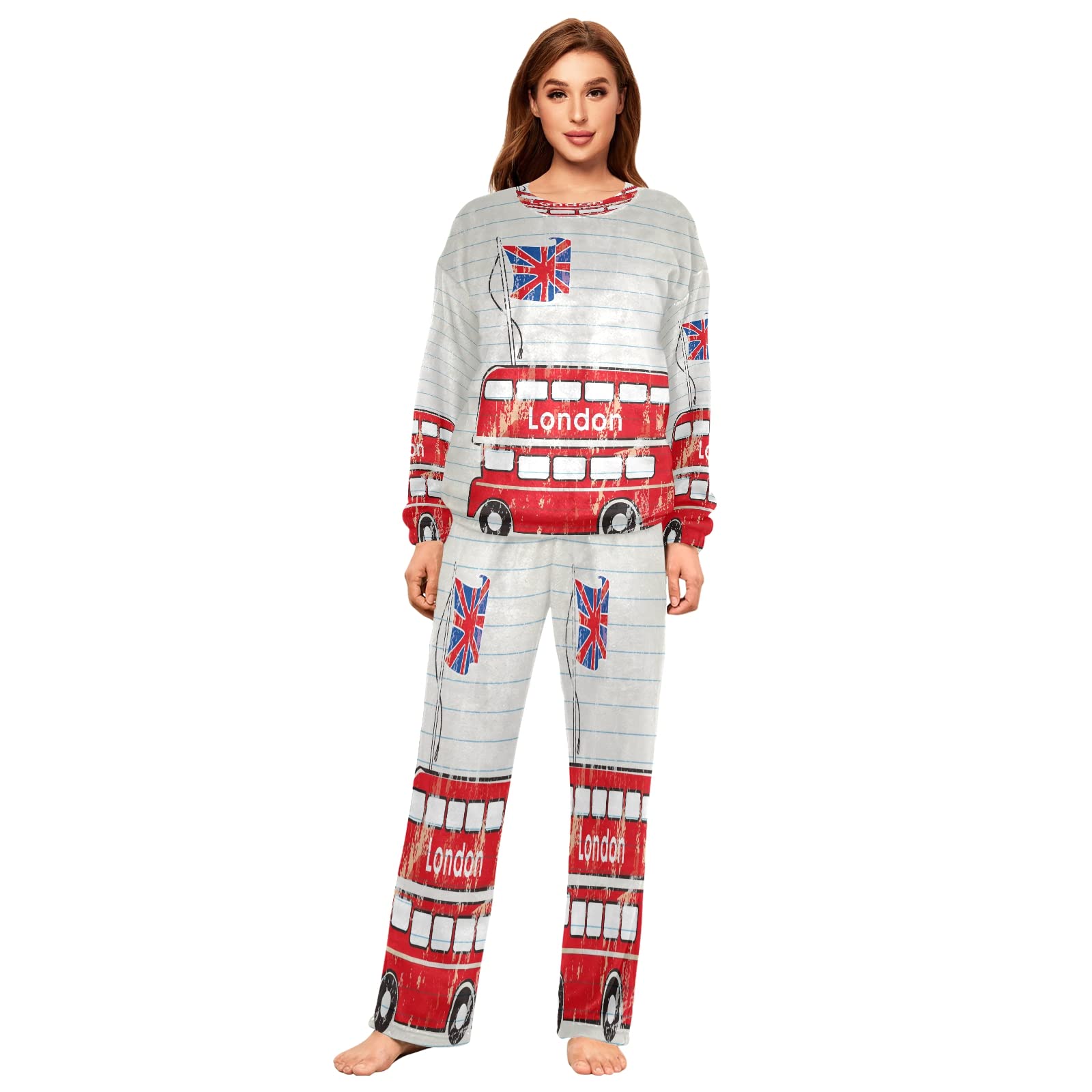Mnsruu Juego de pijamas de franela con bandera británica de Londres Bus para mujer, 2 piezas, ropa de dormir de manga larga, conjuntos de salón