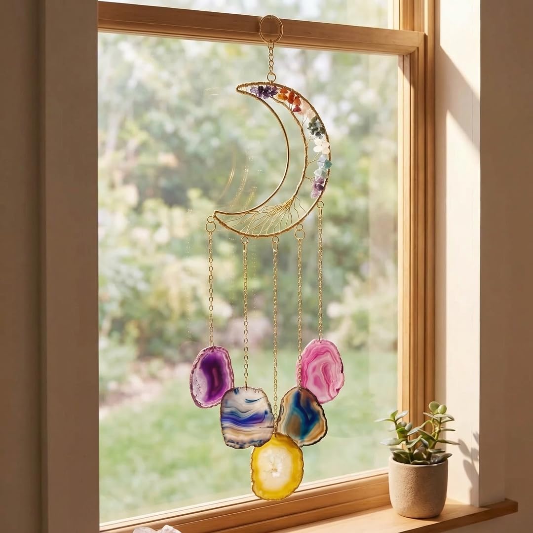Divine Hindu 7 Chakra Crystal Moon Dream Catcher – Healing Agate Slices & Tree of Life Wall Hanging – Boho Macrame Decor for Bedroom, Balcony & Nursery – Spiritual Zen Gift for Women & Home Protection-image-14