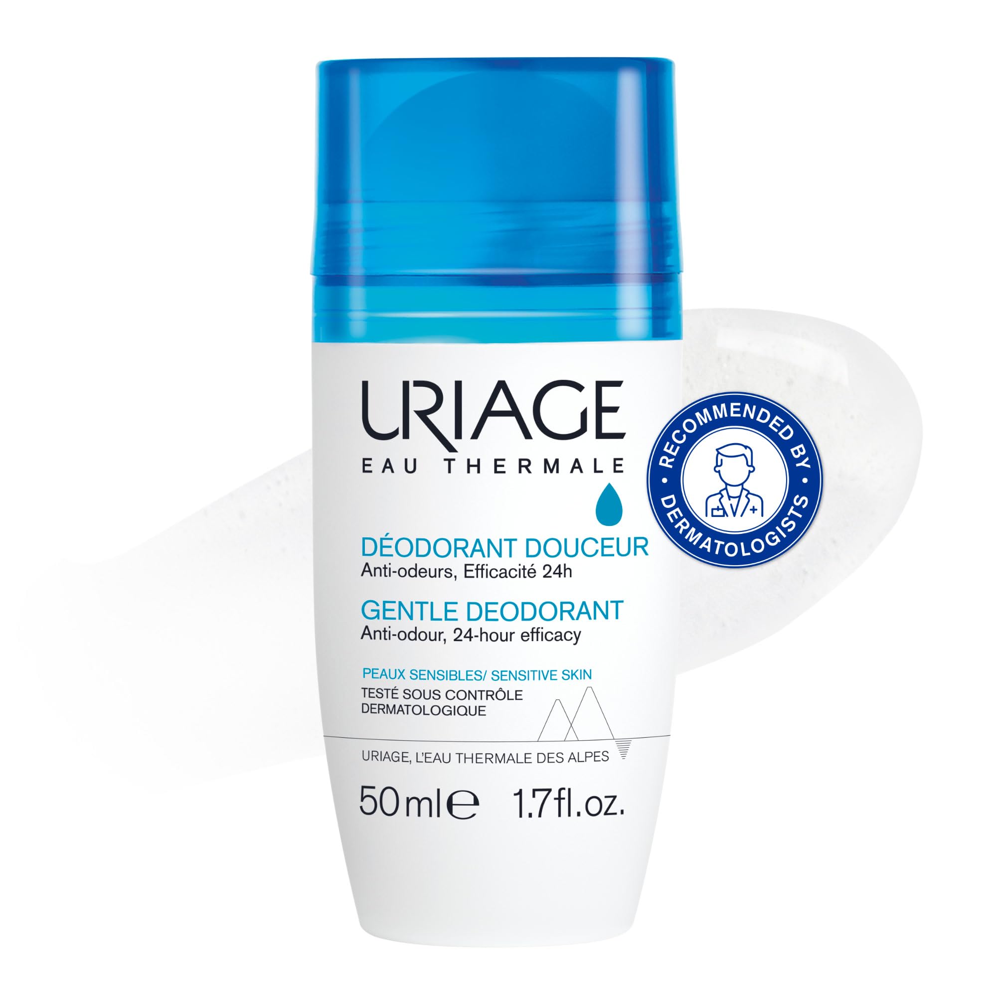 Uriage Gentle Roll-On Deodorant 50ml - Anti-Odor, 24h Efficacy - Sensitive Skin - Aluminium-Free, Enriched in Antibacterial Actives - Reduces Perspiration, Controls Odor Without Drying the Skin