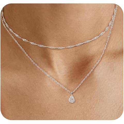 ACECHA Silver Layered Necklaces for Women, Dainty Singapore Chain Choker Necklace with Simple Diamond Pendant Trendy Charm Jewelry Gifts