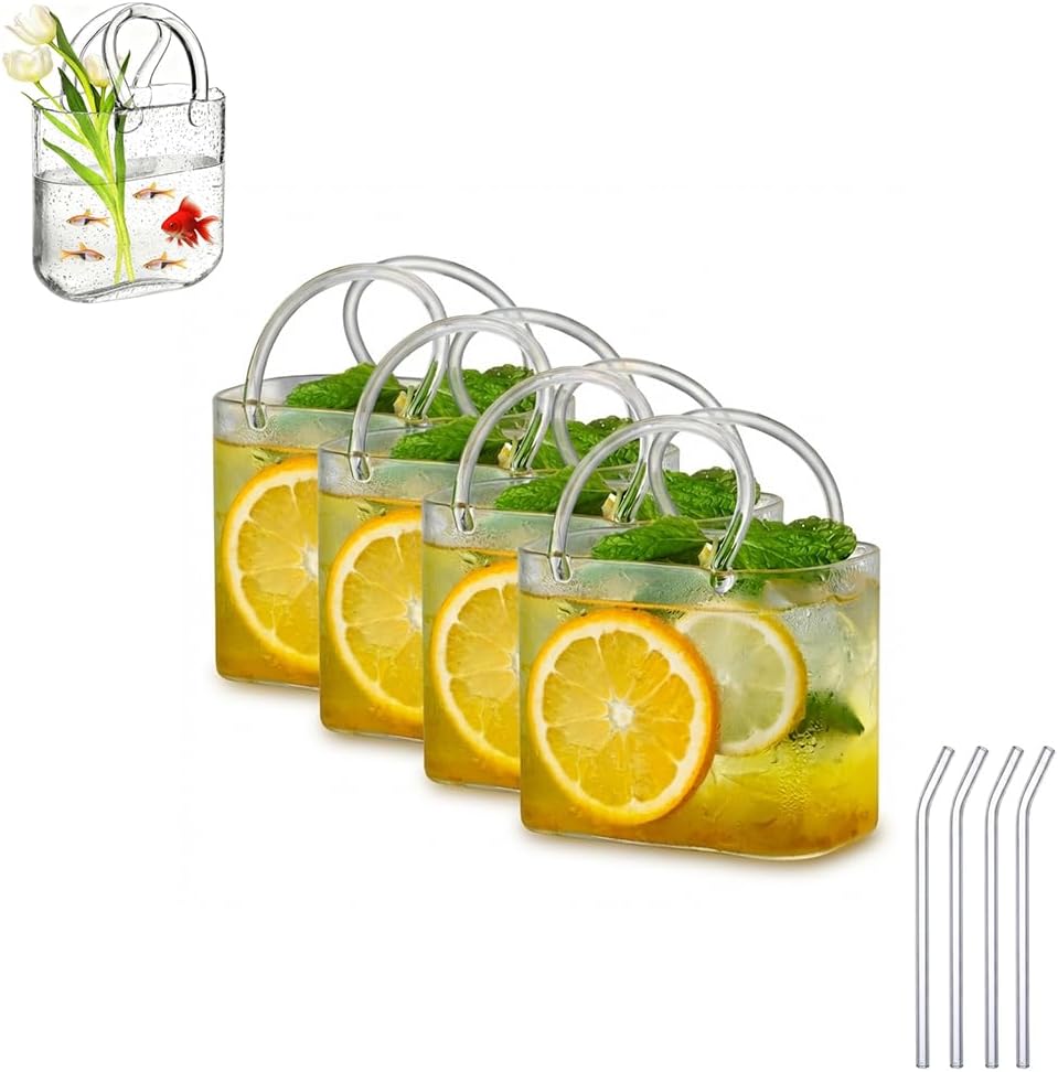 Glass Purse for Drinks 26oz - Unique Purse Drinking Glass with Handle - High Borosilicate Glass Purse Vase for Cocktails, Iced Coffee, Matcha - Trendy Handbag Shaped Cup for Parties (4)