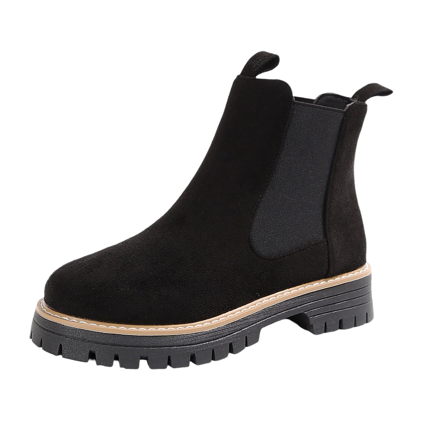 Ankle Boots for Women Fashion Slip on Lug Sole Booties Casual Elastic Chunky Block Booties Black Combat Boots