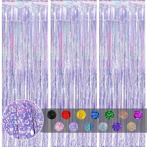 3 pièces Rideau Métallique de Frange Violet Clair,1mx2m Scintillants Foil Rideau Shimmer Brillants Decoration Anniversaire Photo Fond,pour Deco Porte...