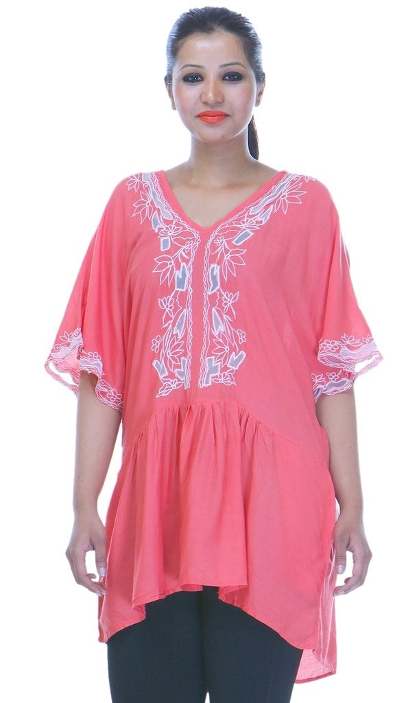 Kaftan Top for Women: Soft Viscose, Pink Tunic with V Neck & Half Sleeves - Embroidered Loose Fit for Casual Comfort-image-30