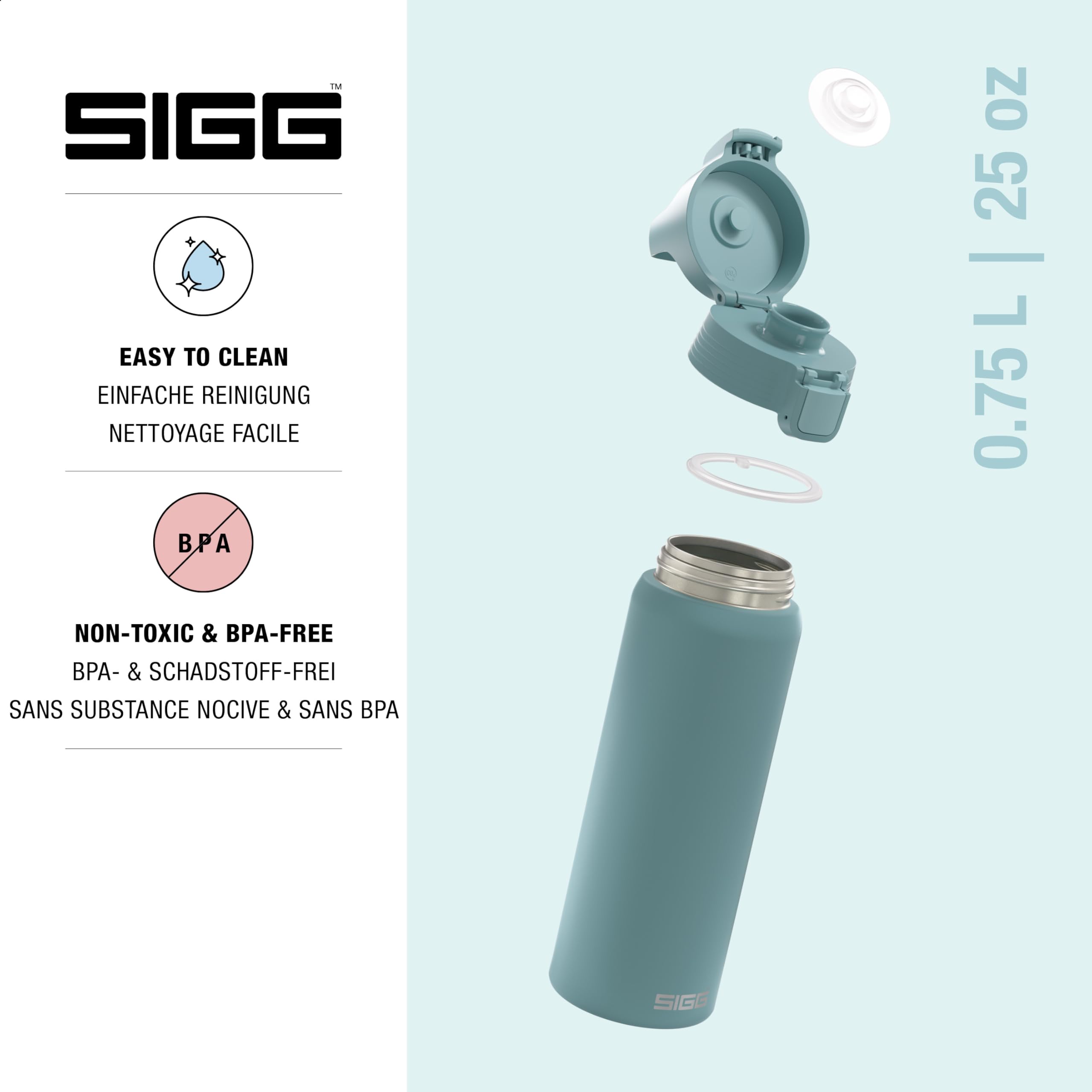 SIGG - Butelka do picia ze stali nierdzewnej – Shield ONE Morning Blue – nadaje się do napojów gazowanych – szczelna – lekka jak piórko – nie zawiera BPA – do użytku na zewnątrz i fitnessu – 0,75 l