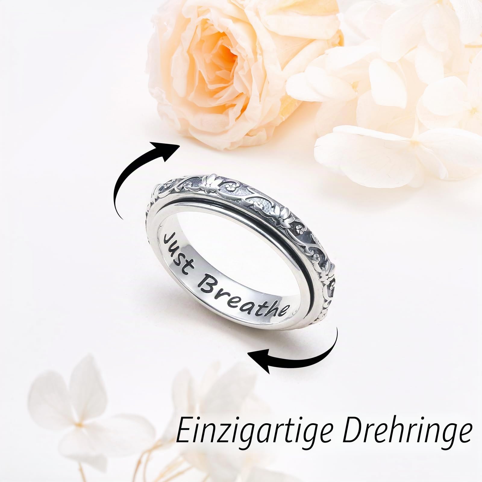 DAOCHONG Fidget-Ring, S925 Sterlingsilber, Lotusblume, Yoga, einfach atmen, Angst- und Sorgenband, oxidierter Stressabbau, Langeweile, ADHS, Autismus, Spinnerringe für Frauen und Männer