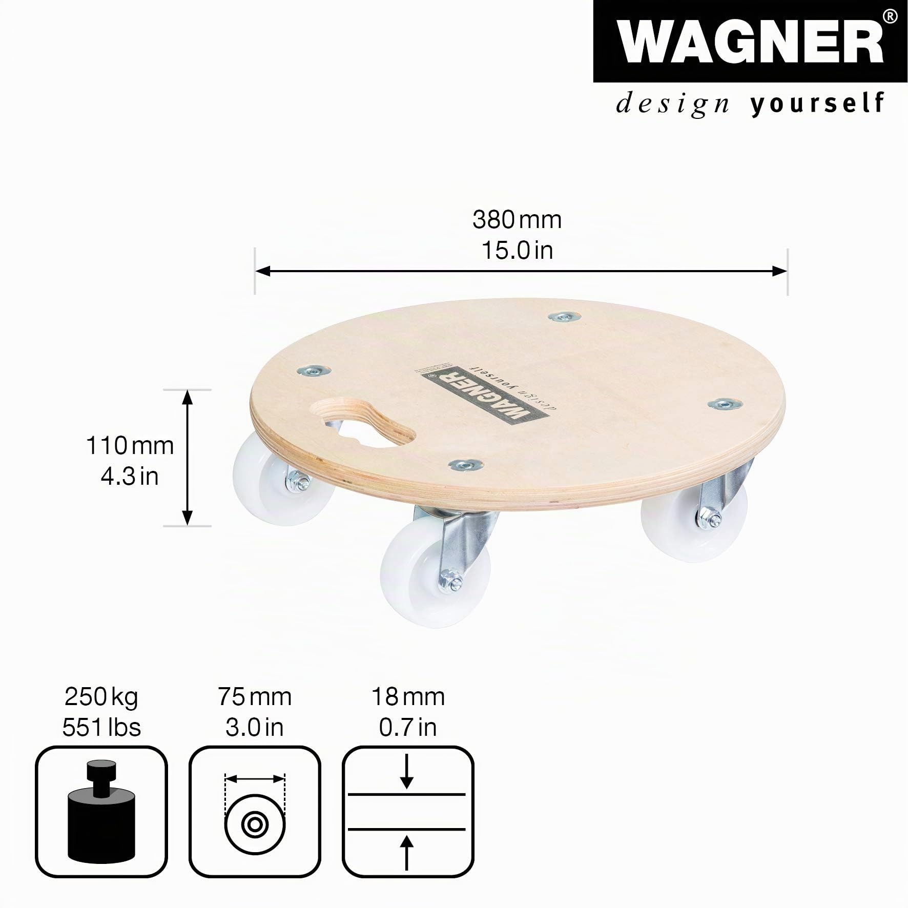 WAGNER Carrello da trasporto MM 1137 I Ø 38 cm I manico ergonomico - ideale per oggetti ingombranti, vasi e piante I portata 250 kg I molto mobile I certificato FSC® - 20113701
