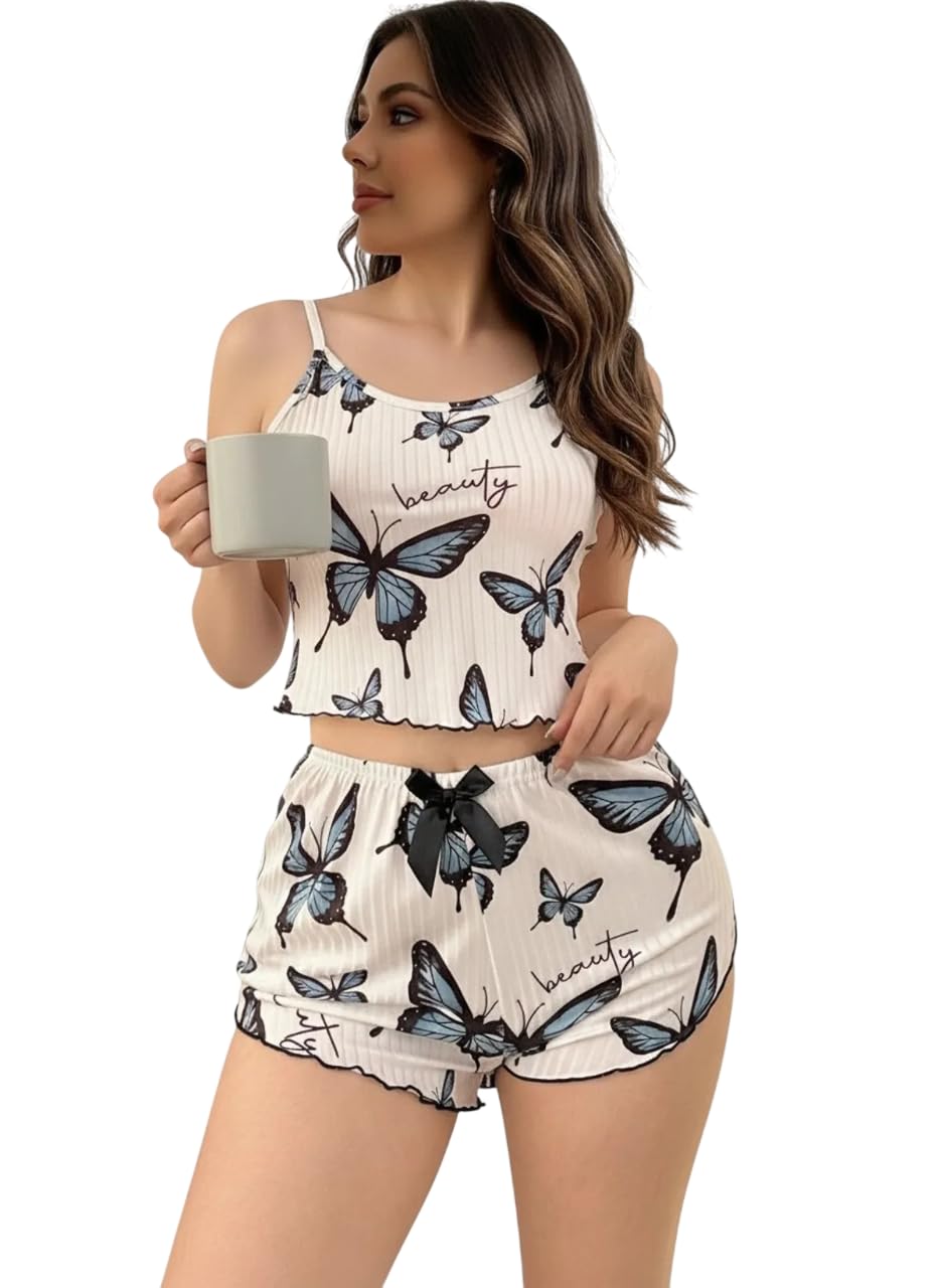 Women's Nightsuit Set - Printed Sleeveless Pajama Set for Women - Comfortable Night Dress - Sexy Cami Top and Shorts Sleepwear - Stylish Nightsuit - Honeymoon Dress - Exotic Bridal Gift - Short Dress