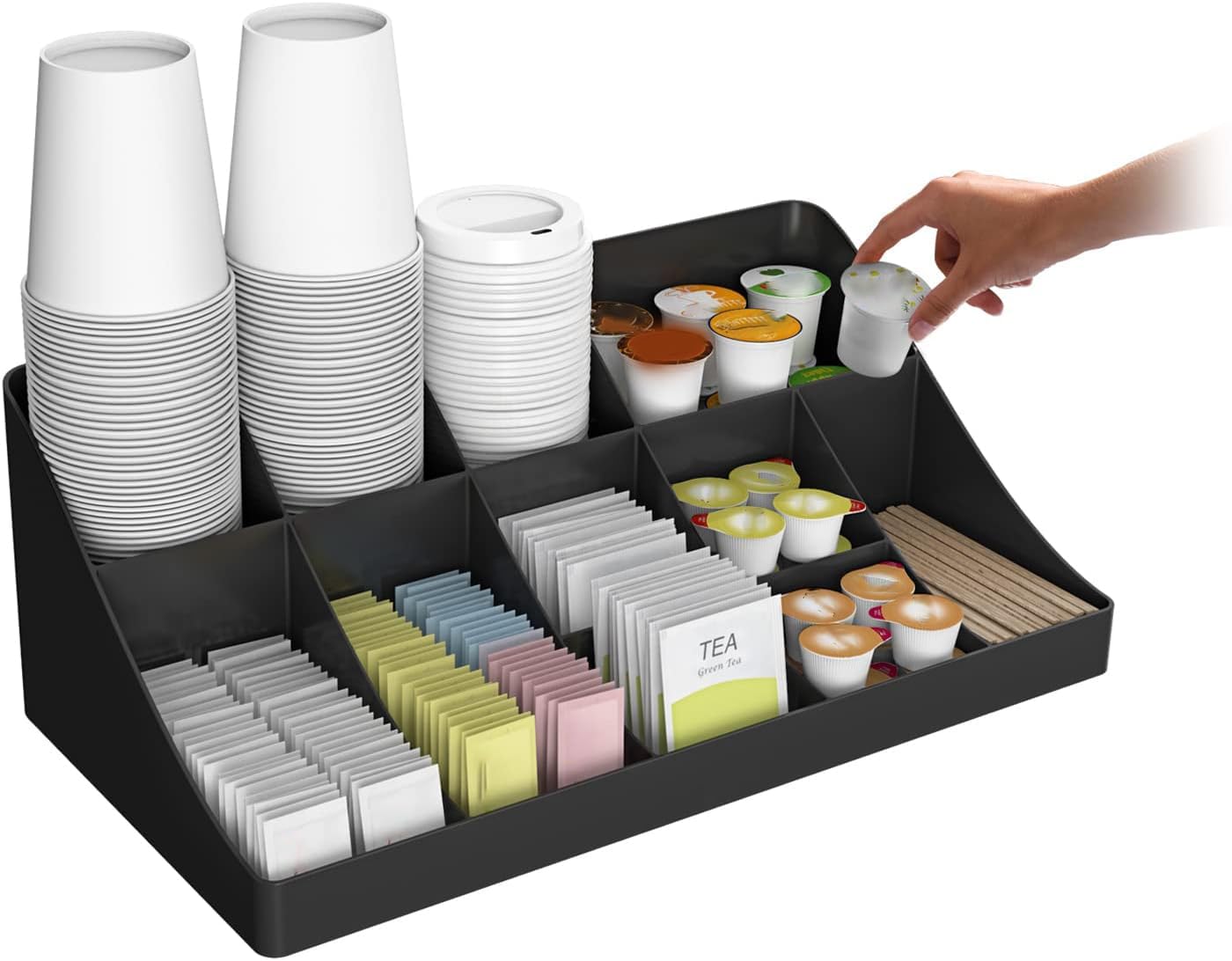 Coffee Condiment Organizer, Azonee Cup and Lid Holder 11 Compartment Cup and Condiment Breakroom Station Organizer for Coffee Milk Tea Shop, Snack Countertop
