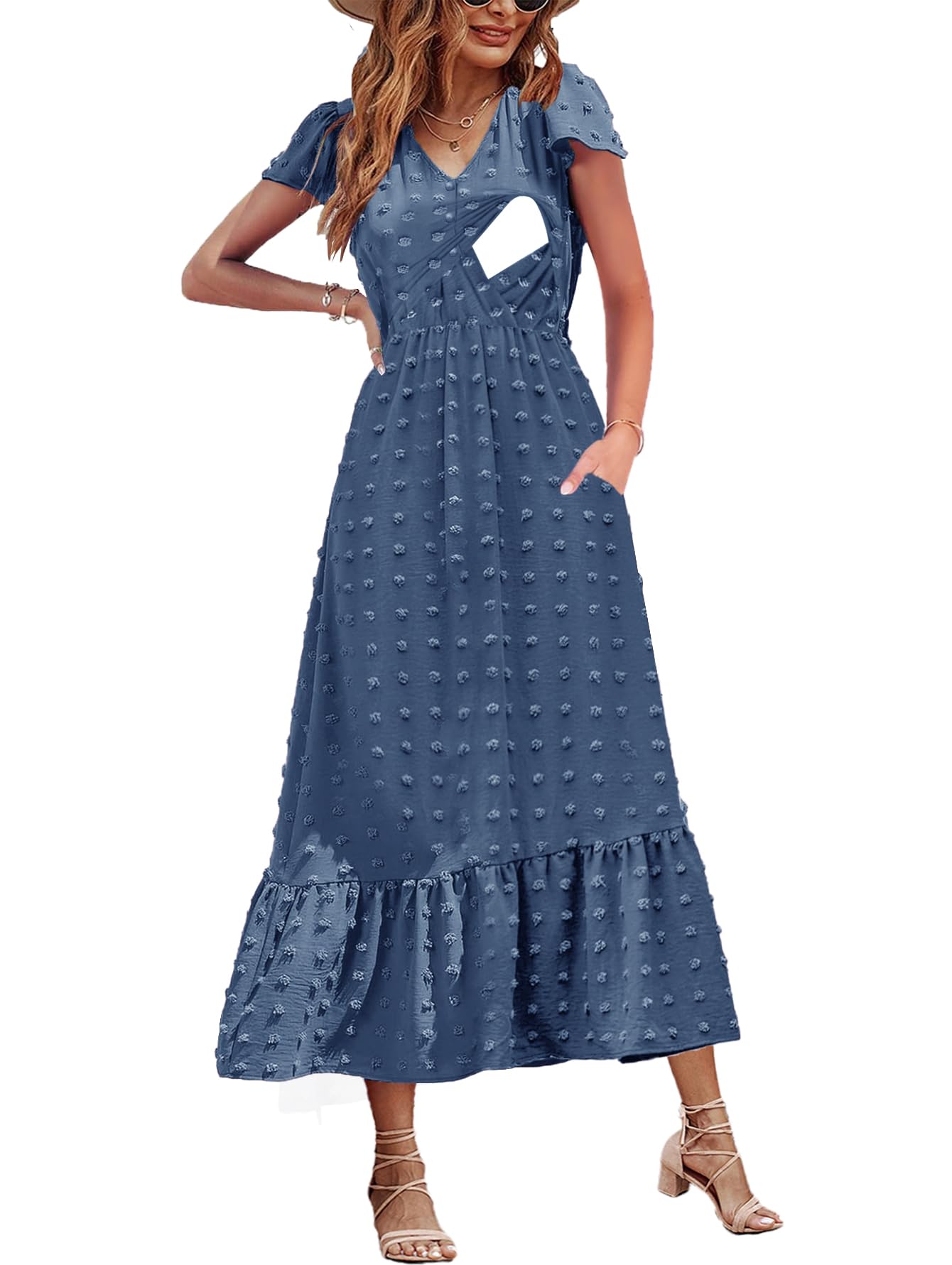 CzzzyL Women Nursing Dresses Cap Short Sleeve V Neck Swiss Dot with Pockets