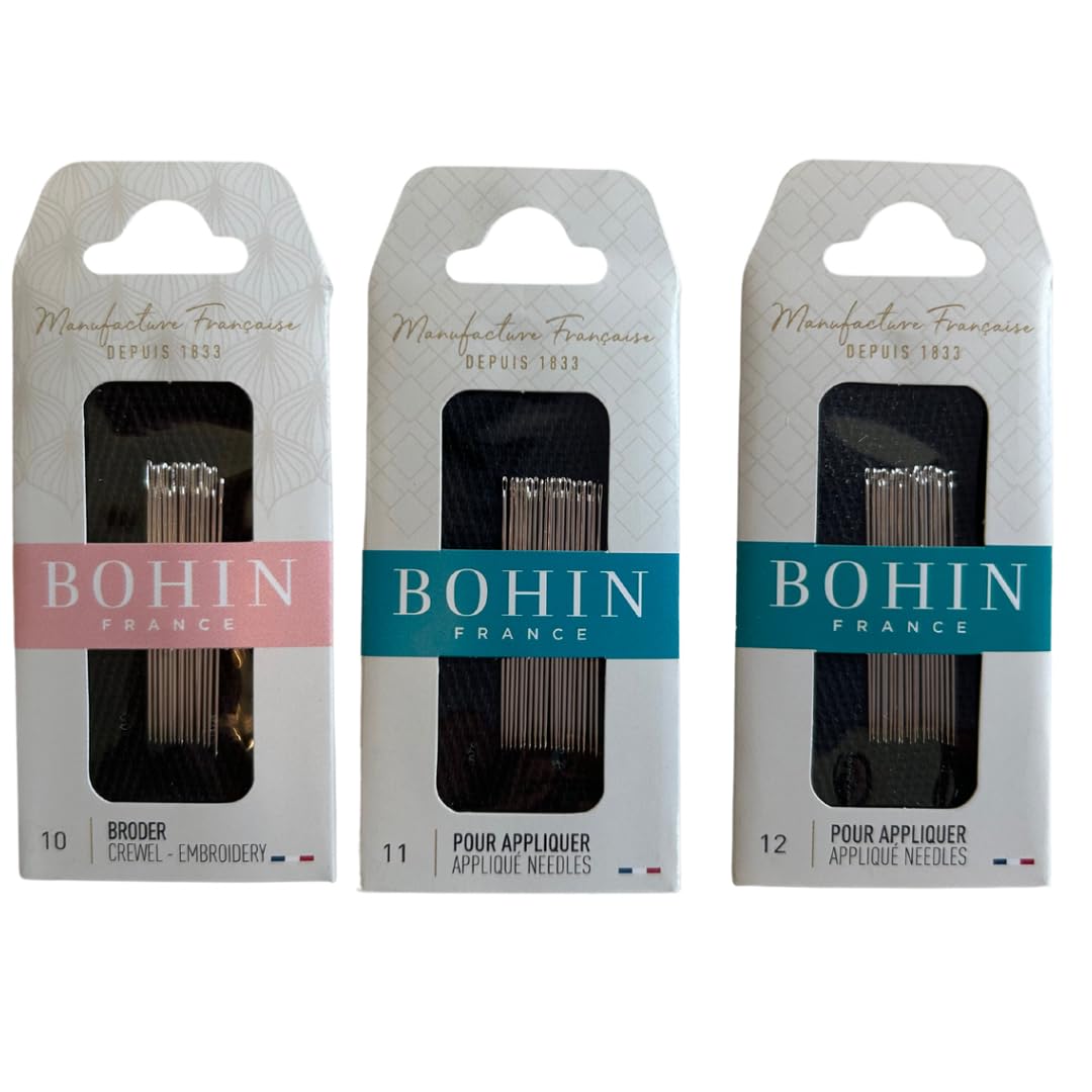 Bohin Applique Needles, Bundle of 3 Sizes for Crewel or Embroidery Sewing and Crafts Sizes 10, 11, & 12, Fine Eurpoean Quality with Threader.