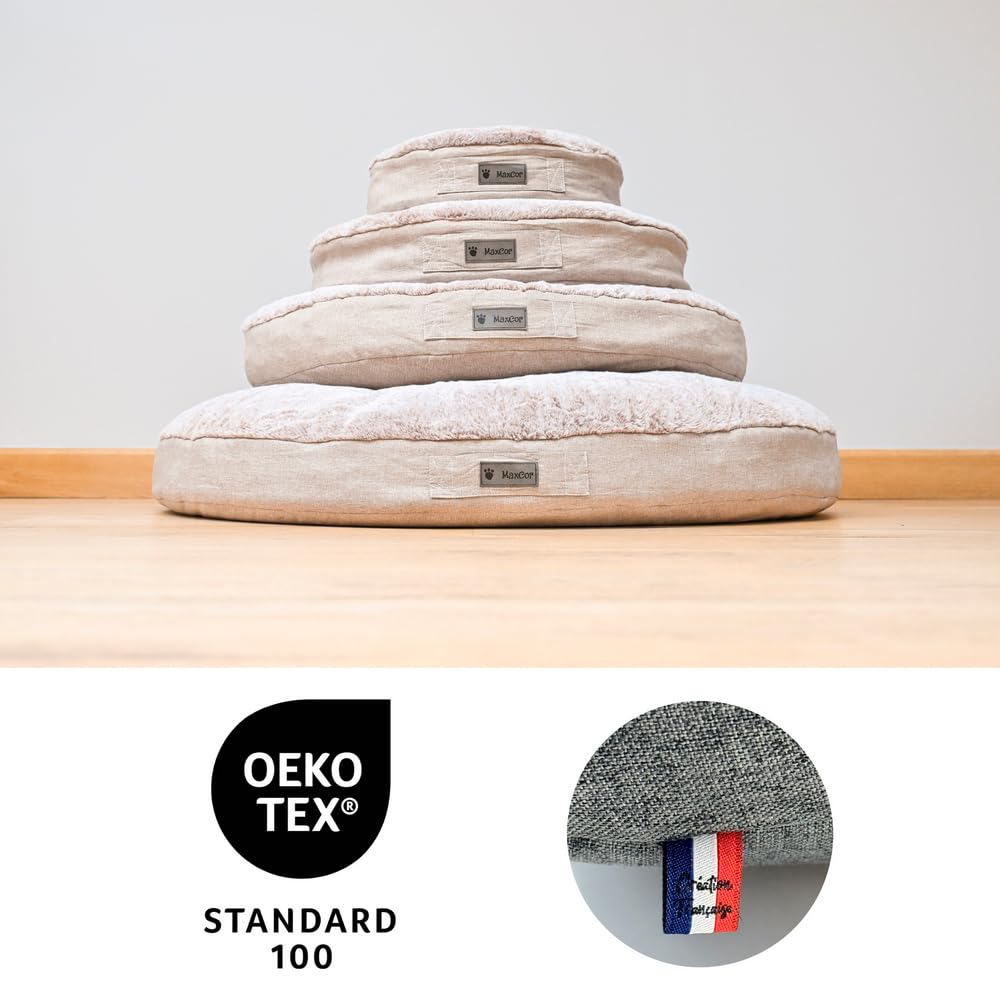 MaxCor Coussin Chien et Chat Rond à Mémoire de Forme Orthopédique - Petit Beige - Soulage et Préserve Les articulations - Réversible Face Hiver, Face été - Ne se déforme Pas et Lavable en Machine