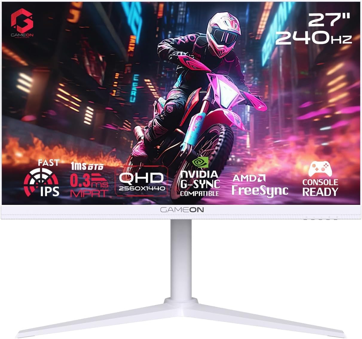 GAMEON GOA27QHD240IPS Arctic Pro-Series 27" White Gaming Monitor, 2560x1440p 2K QHD, Fast IPS Panel, 240Hz, 0.3ms, HDMI 2.1, FreeSync & G-Sync, Crosshair Assistant, HDR, PS5, VRR Support