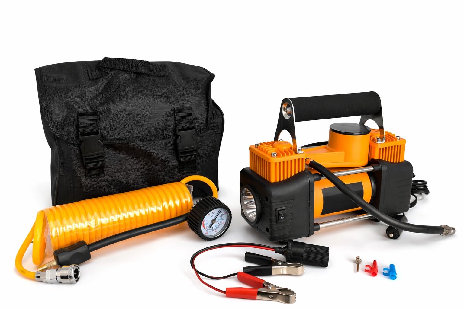 Mini Compressore Aria Portatile 12V 150 PSI Doppio Cilindro con Manometro e Tubo d'Aria Gonfiatore Pneumatici Auto SUV Camper 40L/min con Morsetti Batteria e Accendisigari + Borsa