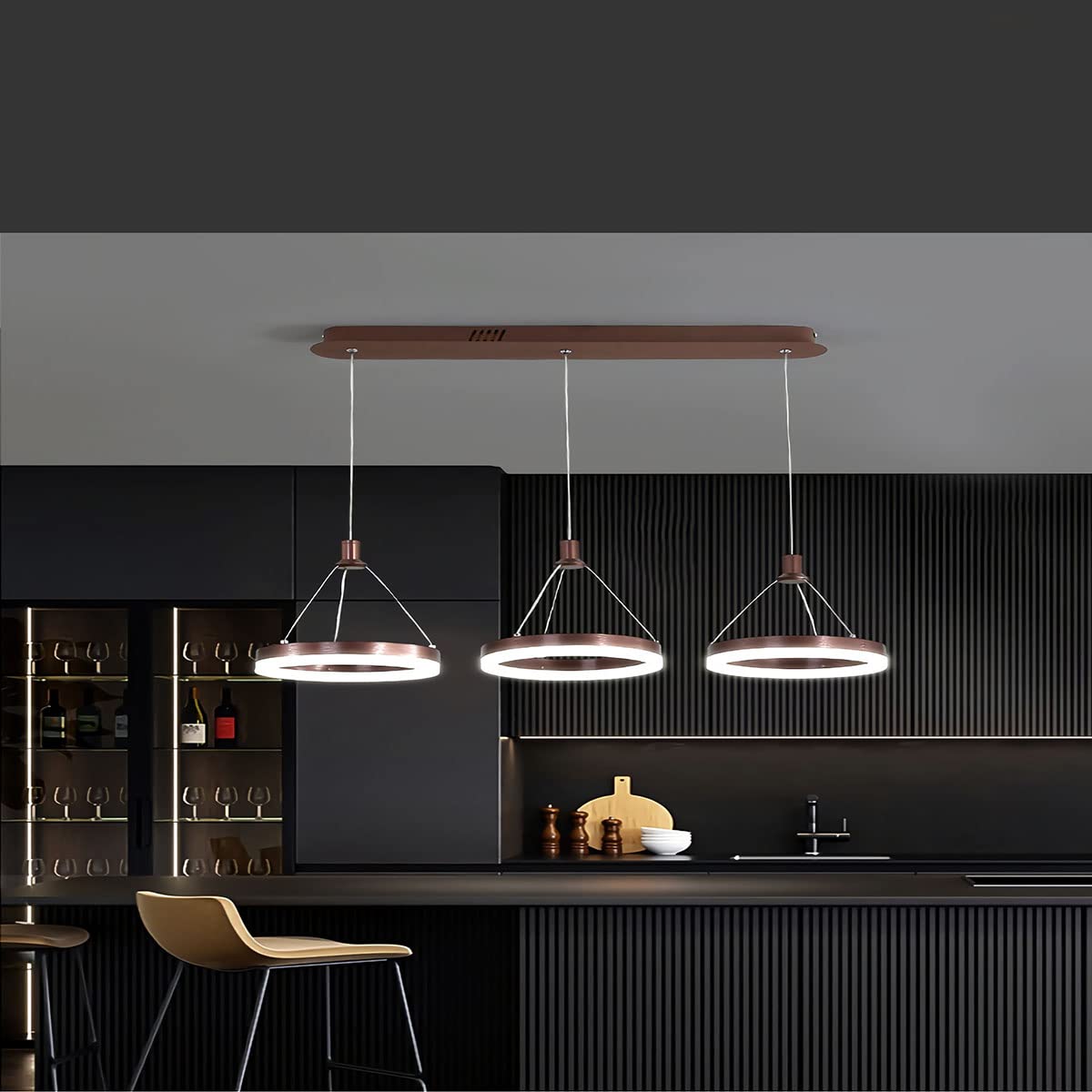 KXEcoLife Modern LED Pendant Lamp with Remote Control Dimmable Height Adjustable Chandelier for Dining Room Living and Kitchens 3 Rings (Coffee)
