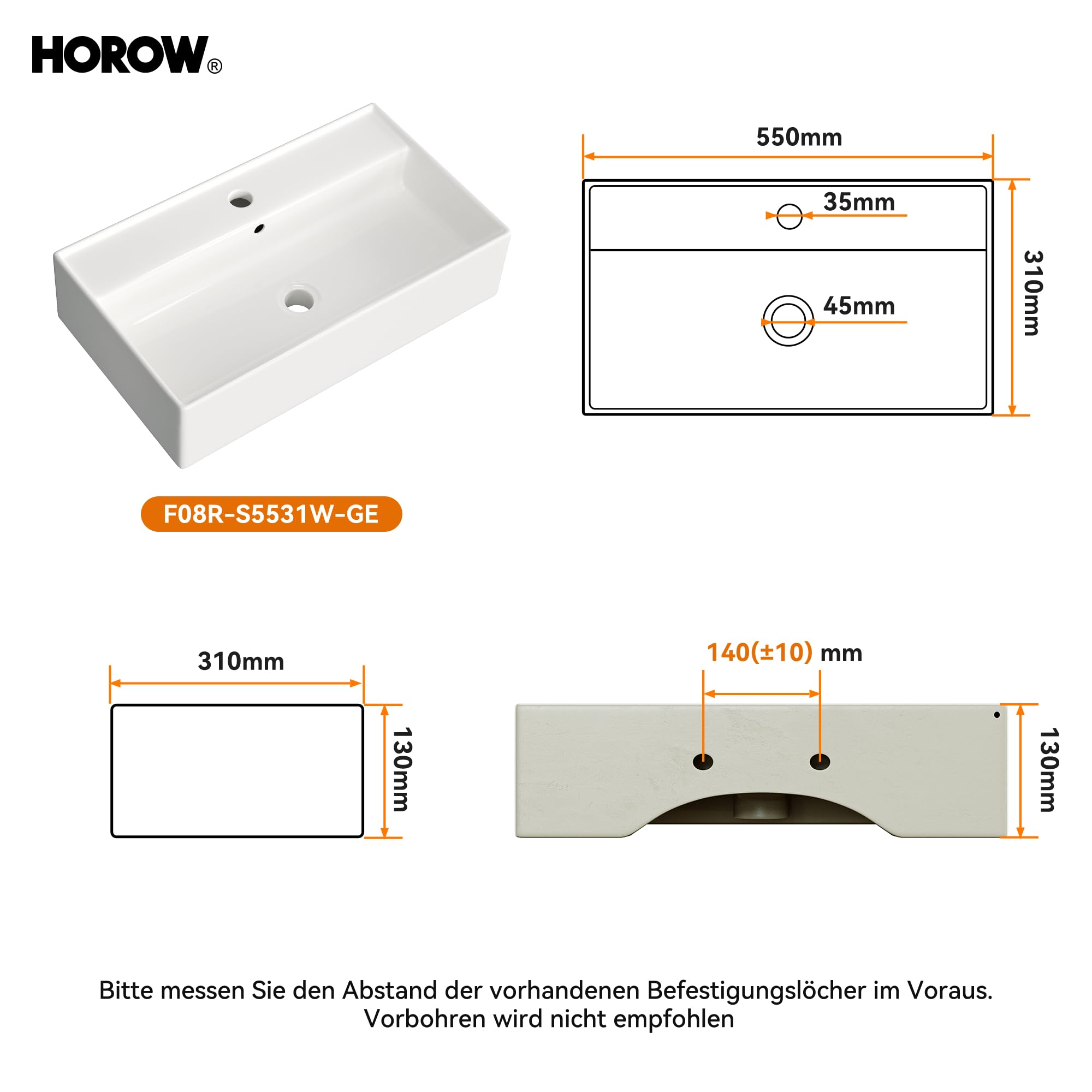 HOROW Lavabo con diseño de borde fino, rectangular, lavabo colgante o lavabo, con orificio para grifo, lavabo de pared para invitados, ideal para baño y lavandería