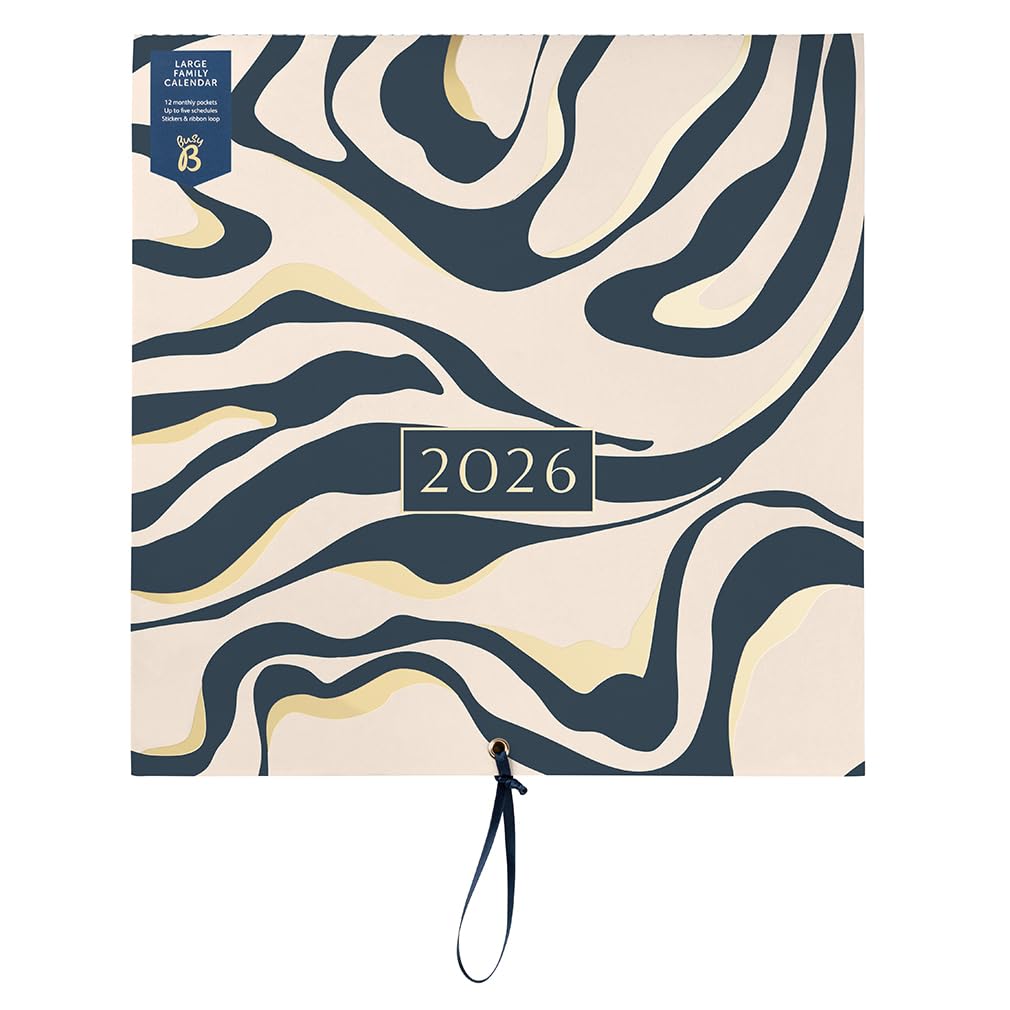 Busy B Large Family Wall Calendar 2026 – Charcoal Marble Design with 5 Columns & Storage Pockets - Monthly 2026 Calendar for Busy Families with Colour-Coded Stickers - 30.5 x 30.5cm