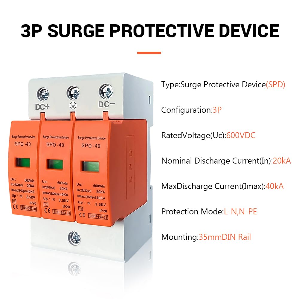Dispositivo di protezione da sovratensioni 3P, scaricatore di sovratensioni 600V DC 40kA, montaggio su guida da 35 mm, SPD a bassa tensione per protezione da fulmini, protezione solare fotovoltaica