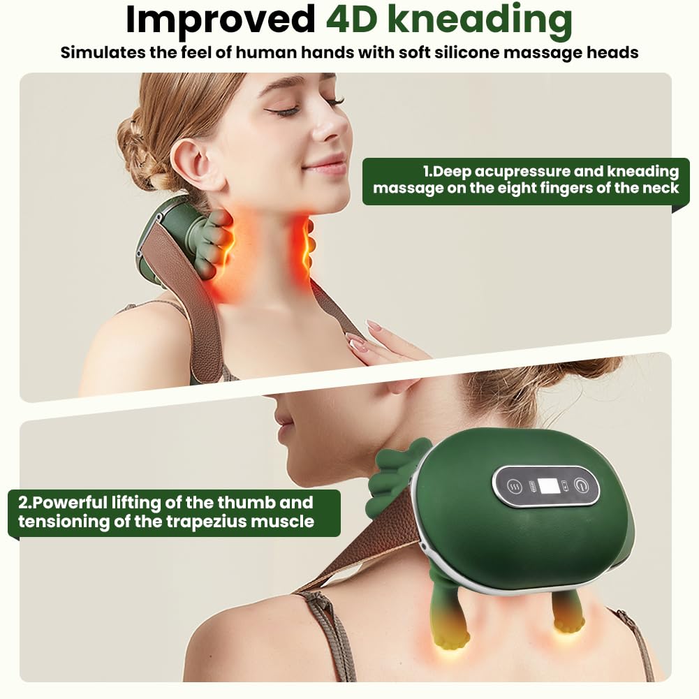 Masajeador de cuello y hombros, masajeador de manos reales 4D, masaje de espalda Shiatsu portátil, 3 niveles de masaje y 2 niveles de calefacción, masaje profundo para cuello, hombros, dolor de