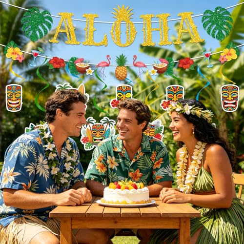 Image of Gameza Hawaiian Aloha Party Decorations, 11PCS Hawaiian Tropical Luau Glitter Banners with Hanging Swirls Decoration, Flamingo Pineapple Summer Decor Supplies