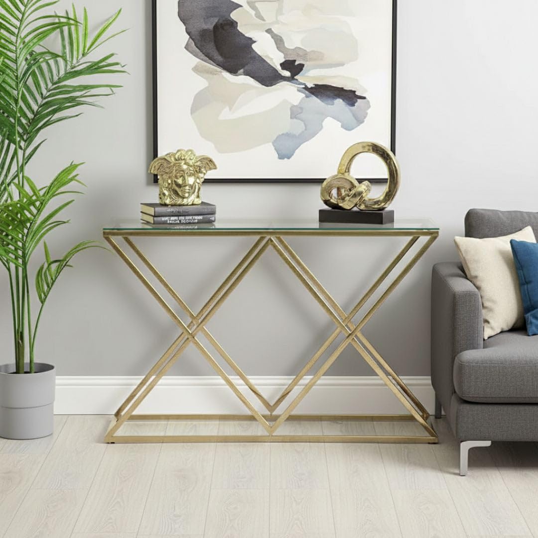 VANITY LIVING Console Table Modern Tempered Glass Top Gold Stainless Steel Frame, Entryway Table Porto Narrow Hallway Table for Living Room