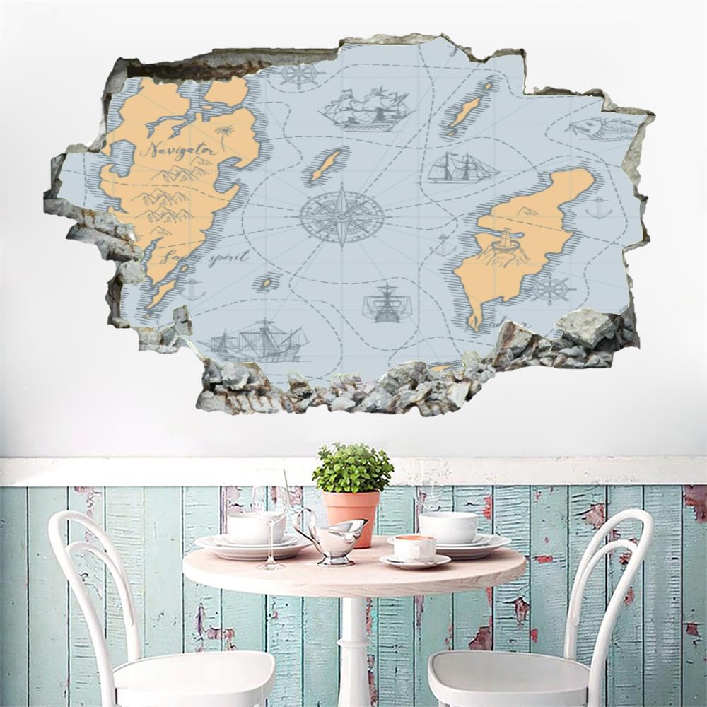 Decorazione murale 3D, Mappa nautica Adesivo murale rimovibile Camera Stile retrò murali Decalcomania foro muro per ragazze Carta da parati camera da letto per bambini Decorazioni per matrimoni