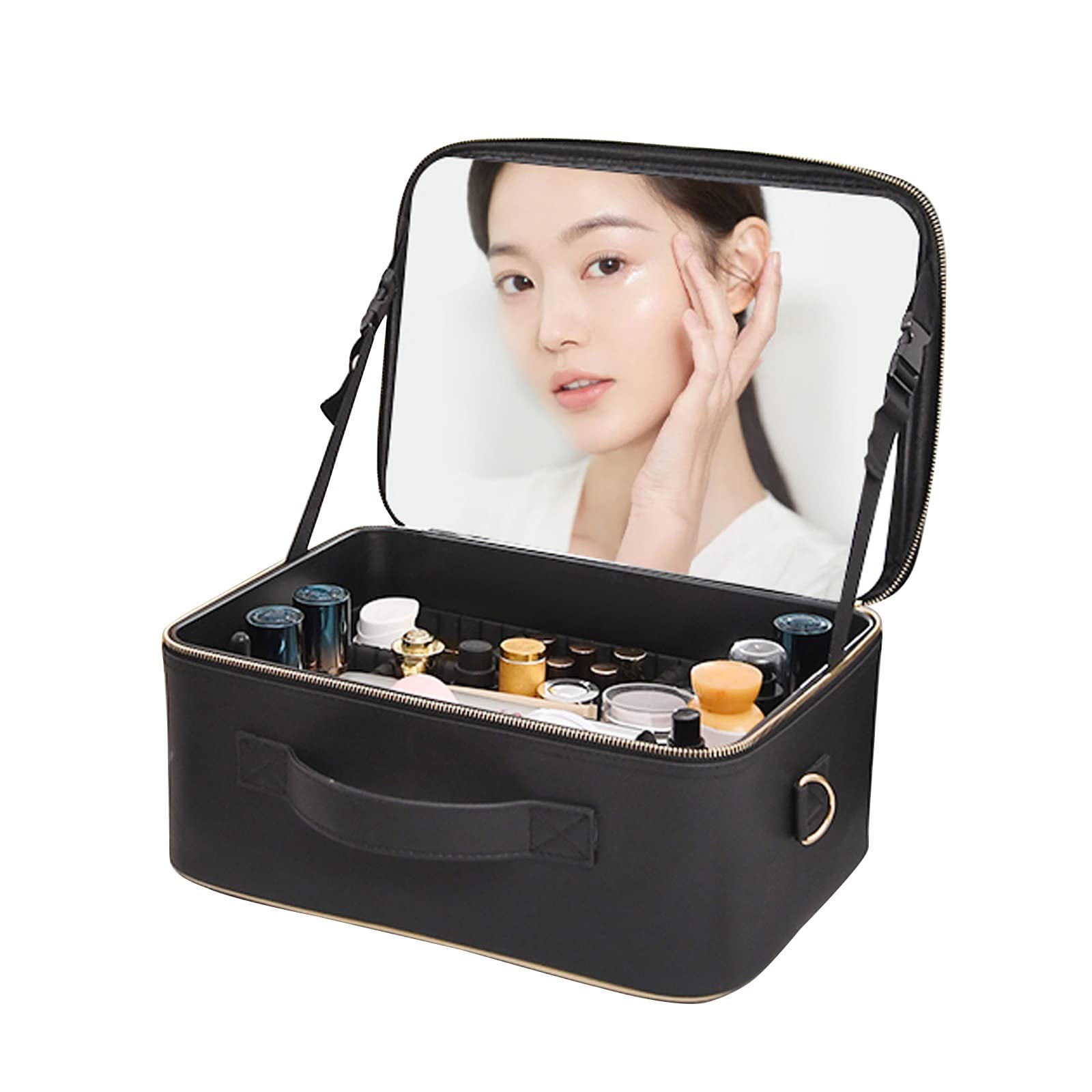 Maletín de cosméticos para equipaje, neceser de maquillaje, portátil, de viaje, con correa para el hombro y compartimento divisor, separadores ajustables, bolsa de cosméticos con espejo, funda de piel