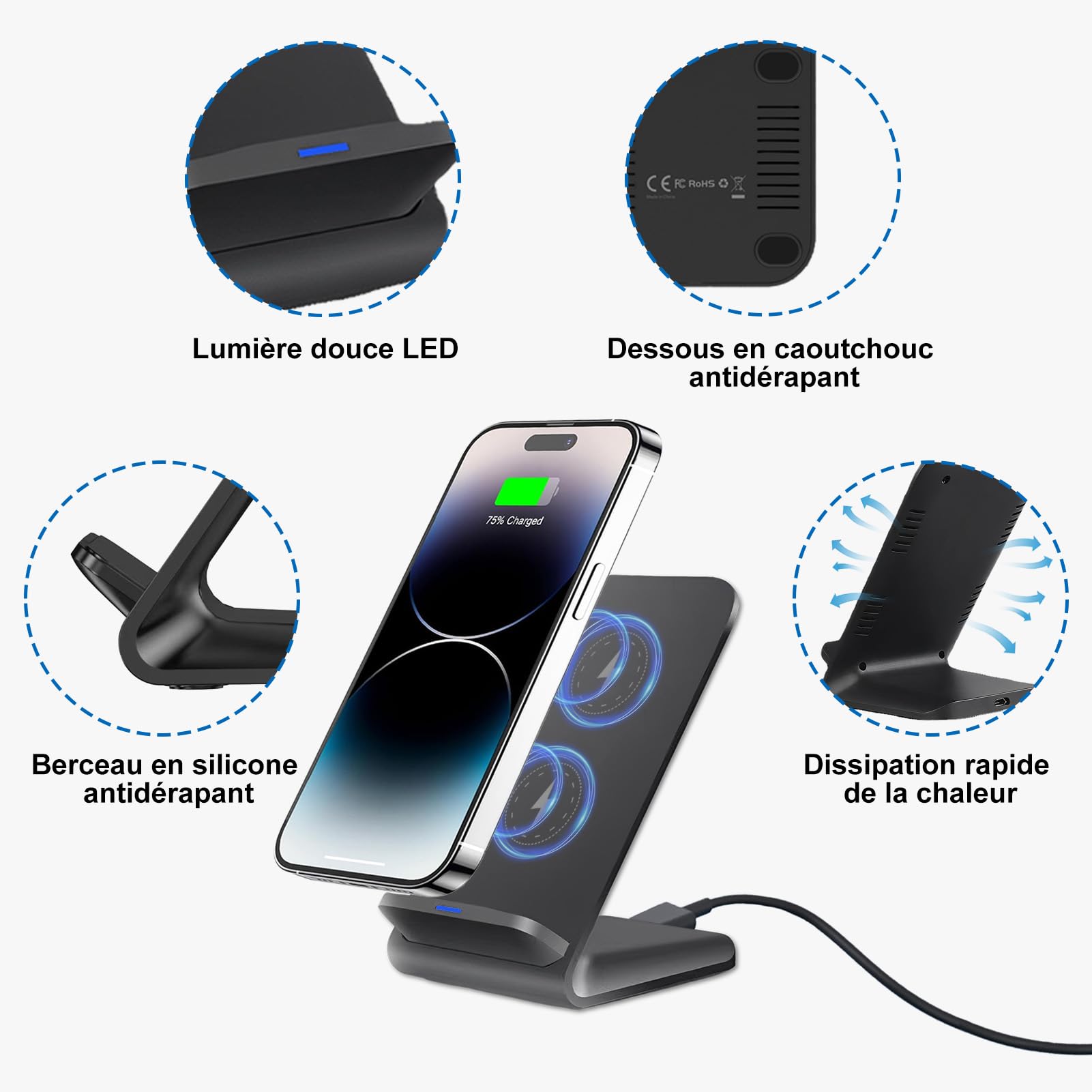 Chargeur sans fil 15 W - Station de charge inductive pour Samsung Galaxy S25 Ultra S24 S23 - Chargeur sans fil pour iPhone 17 Air 16 15 14 13 12 11, Google Pixel 10 9 Pro 8 a 7 6 XL (avec adaptateur
