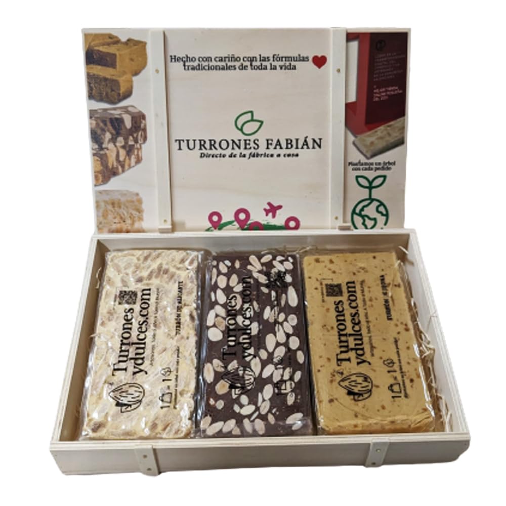 Lote de 3 Turrones Artesanos en Caja de Madera (Jijona, Alicante y Chocolate con Almendras) 3x300g (900g total)