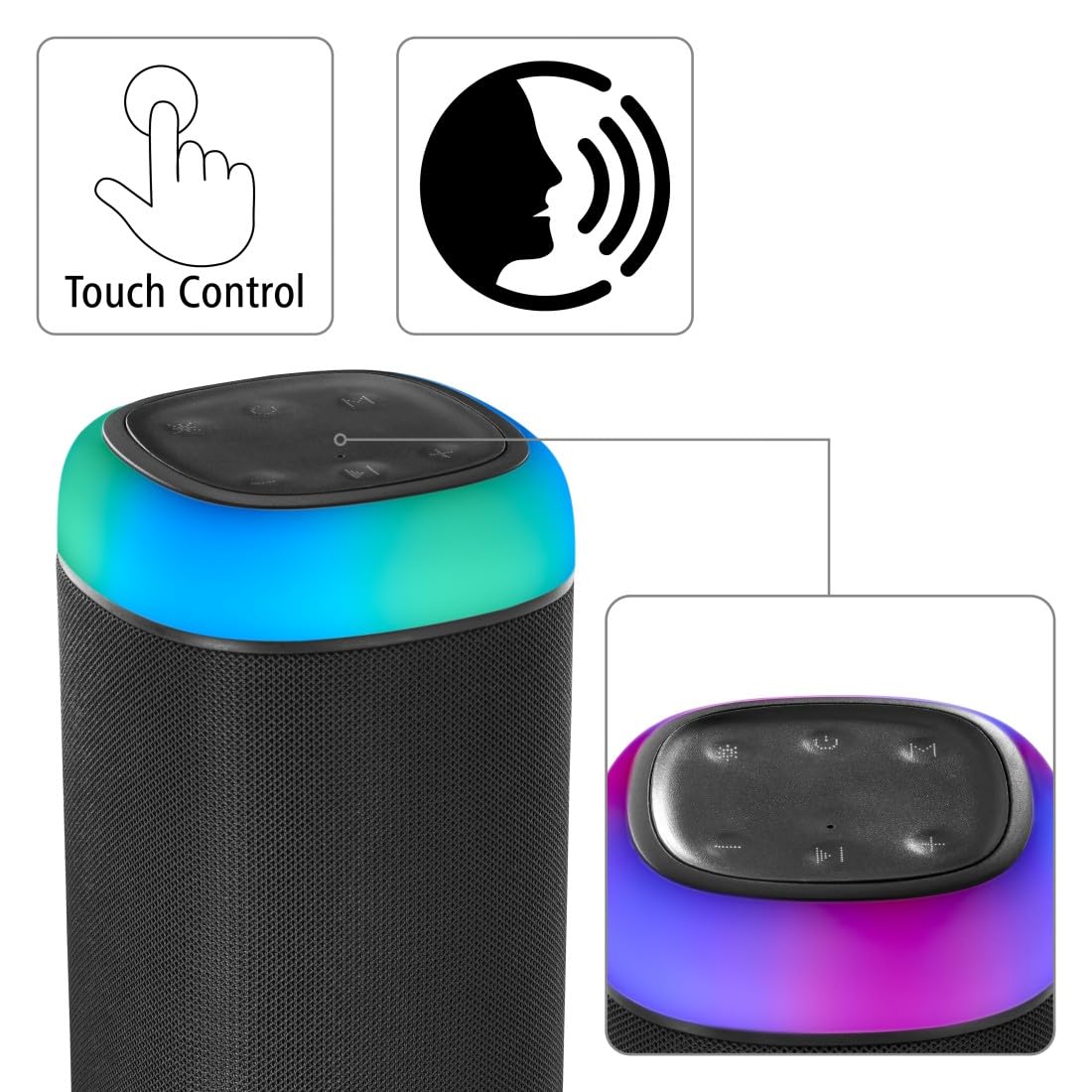 Hama Enceinte Bluetooth Portable Shine 2.0" Lumineux 5 Couleurs sans Fil, Lumière LED, Haut Parleur Etanche IPX4, Rechargeable Autonomie 12h, Résistance poussière et Chocs, Puissance 30 W, Noir